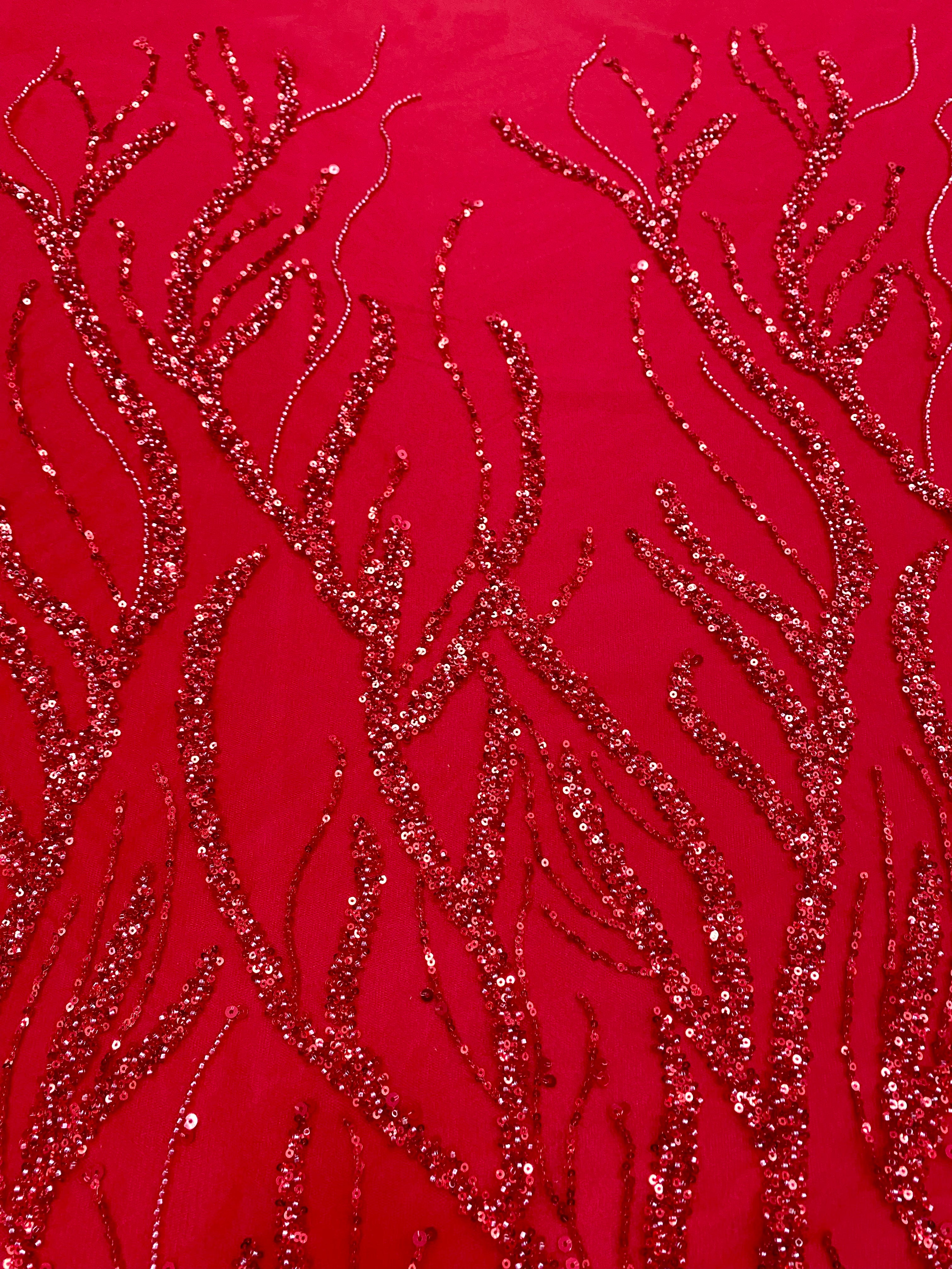 Red Couture Lace with Strings, Beads and Sequins