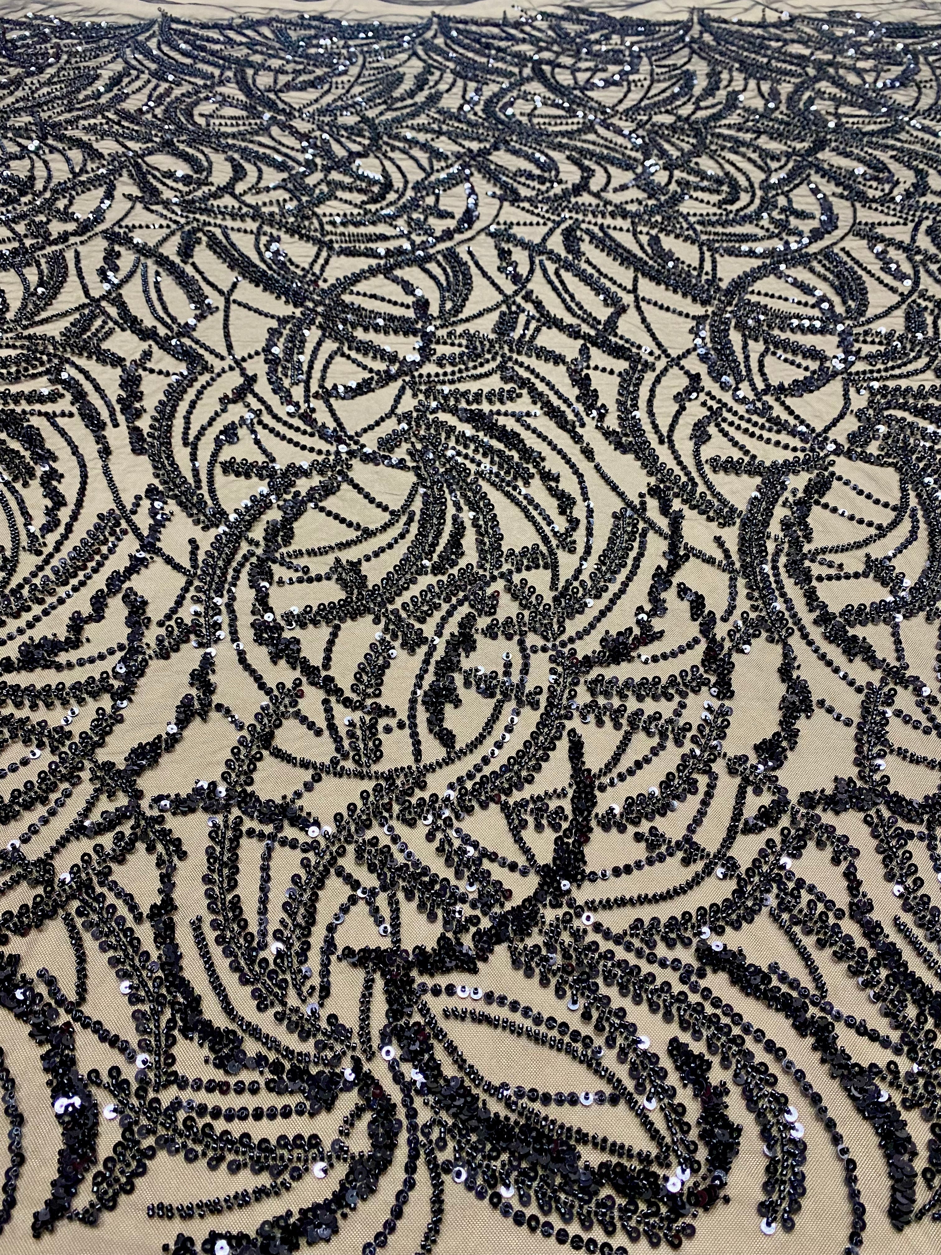 Black Couture Lace with Geometric Pattern, Beads and Sequins
