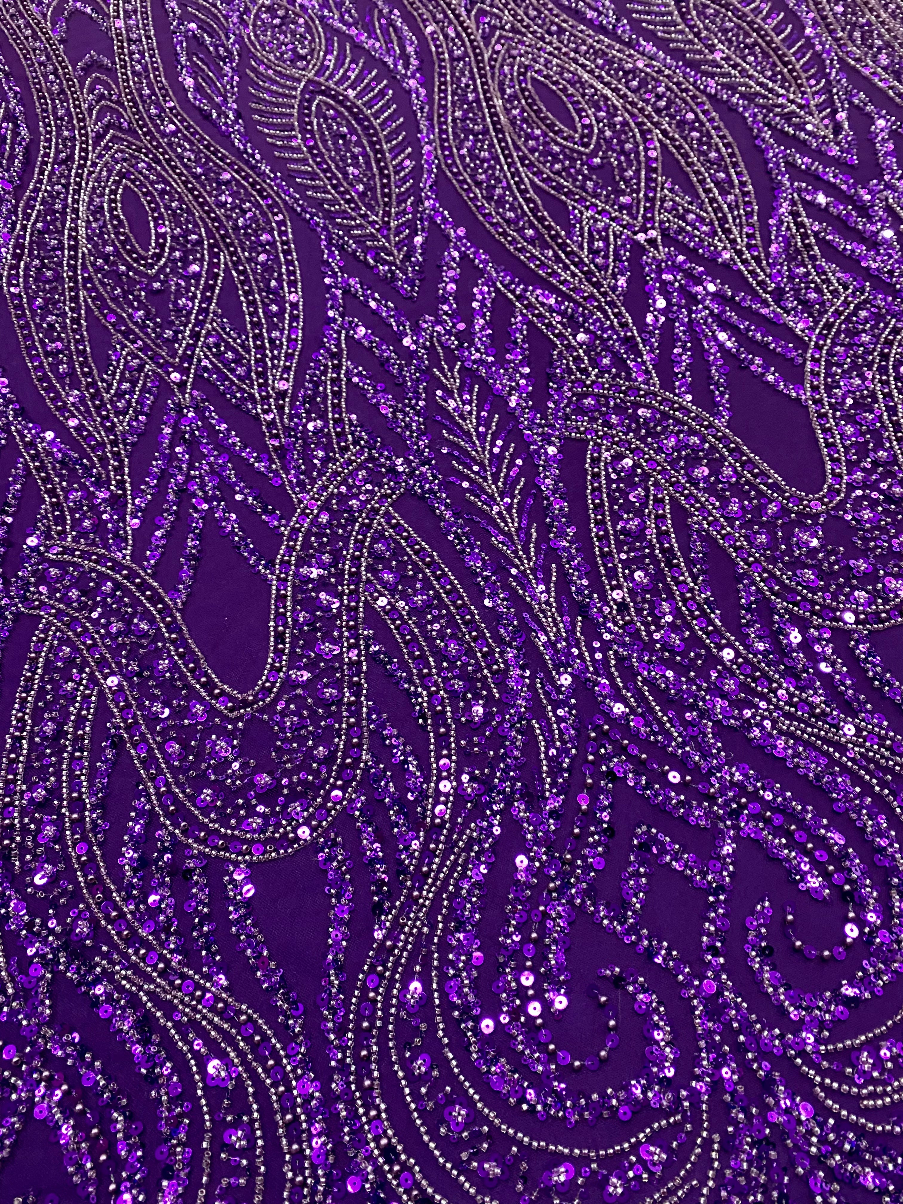 Dantela Couture Mov Inchis cu Model Geometric, Perle, Margele si Paiete