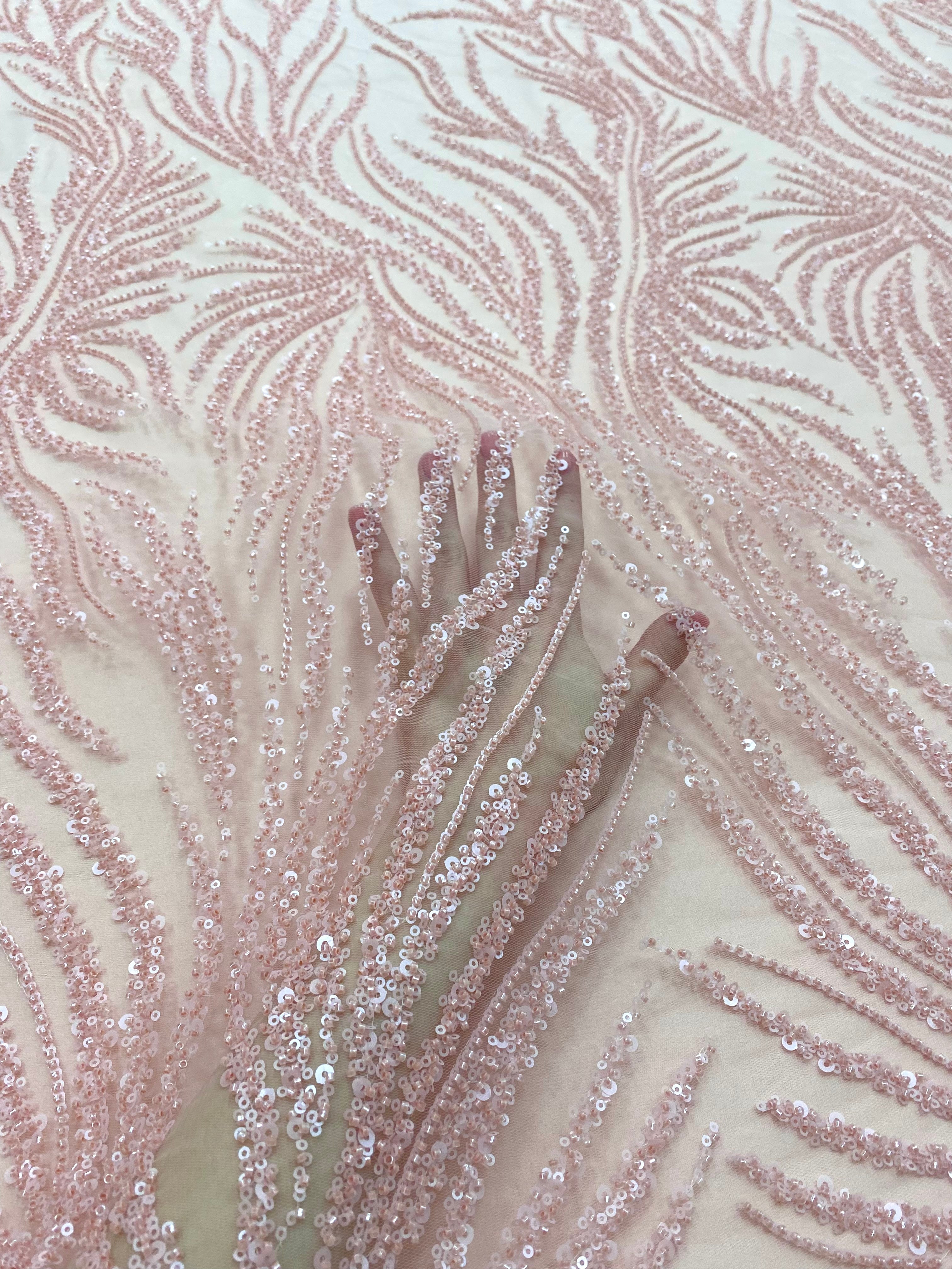 Salmon Pink Couture Lace with Strings, Beads and Sequins