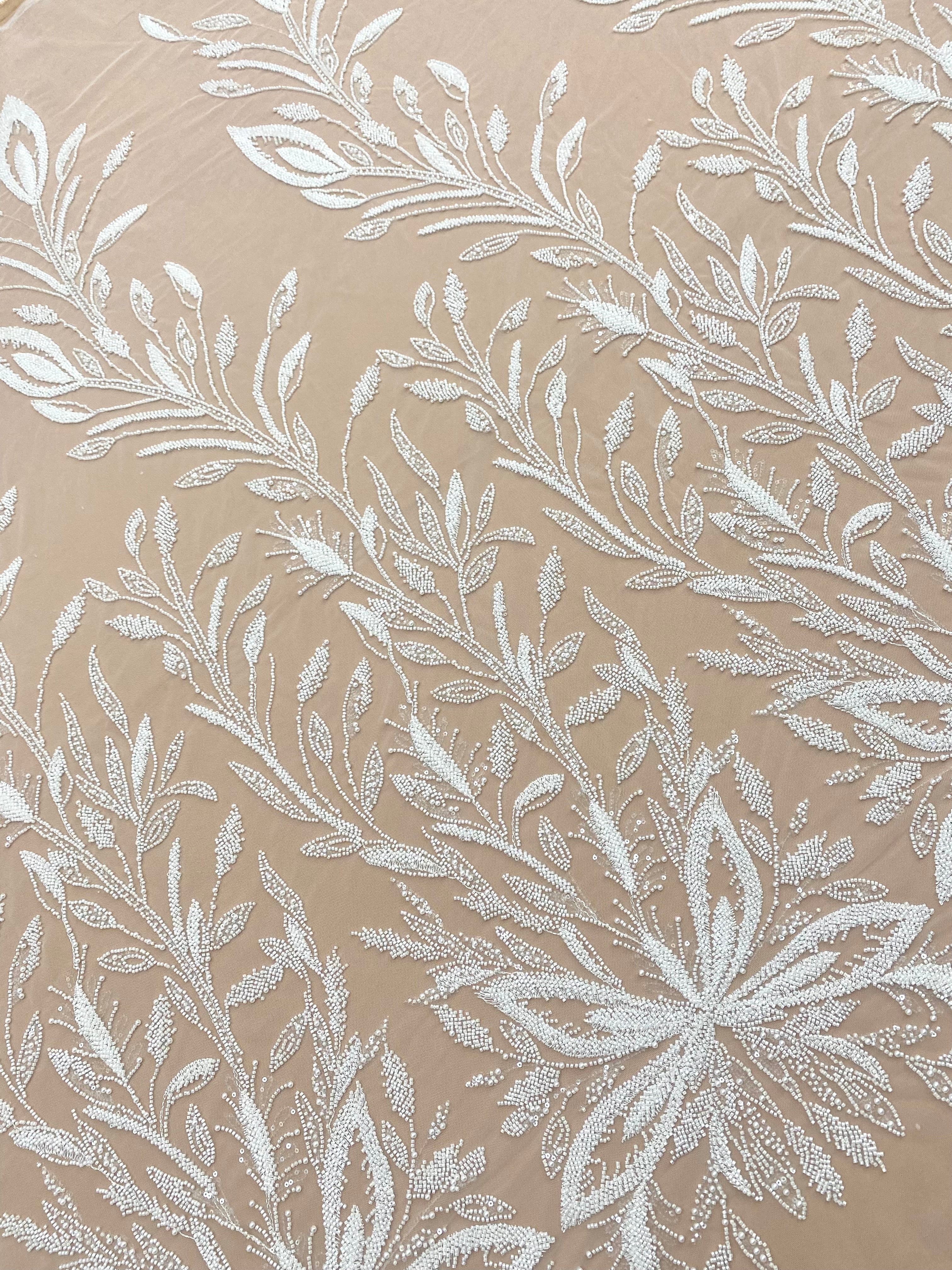 Ivory Couture Lace with Floral Pattern, Pearls, Beads and Sequins
