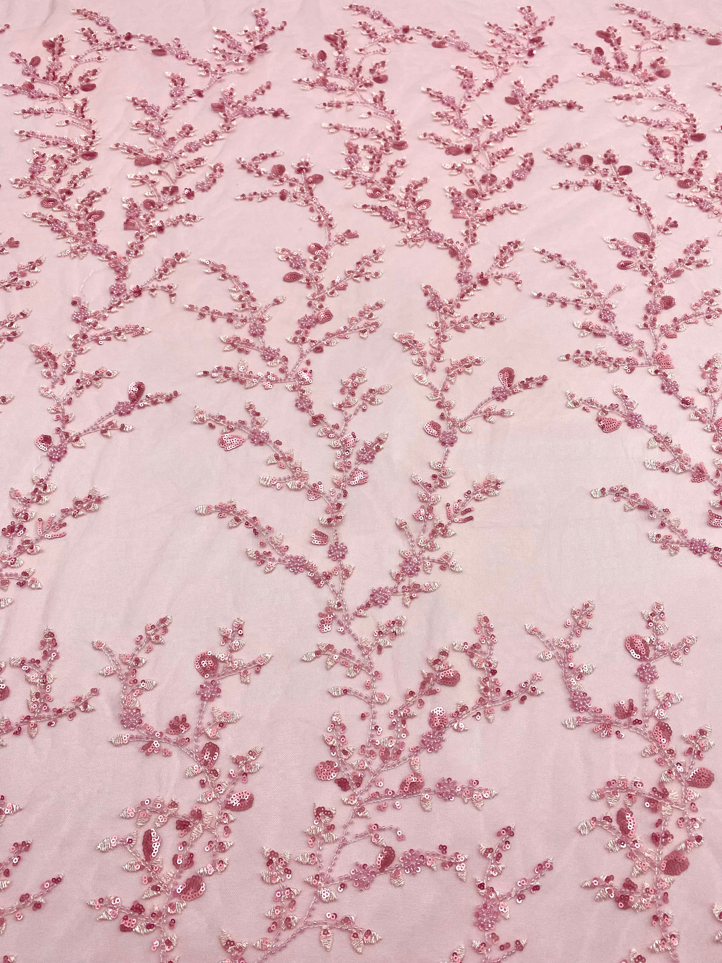 Pink Couture Lace with Floral Pattern, with Beads and Sequins