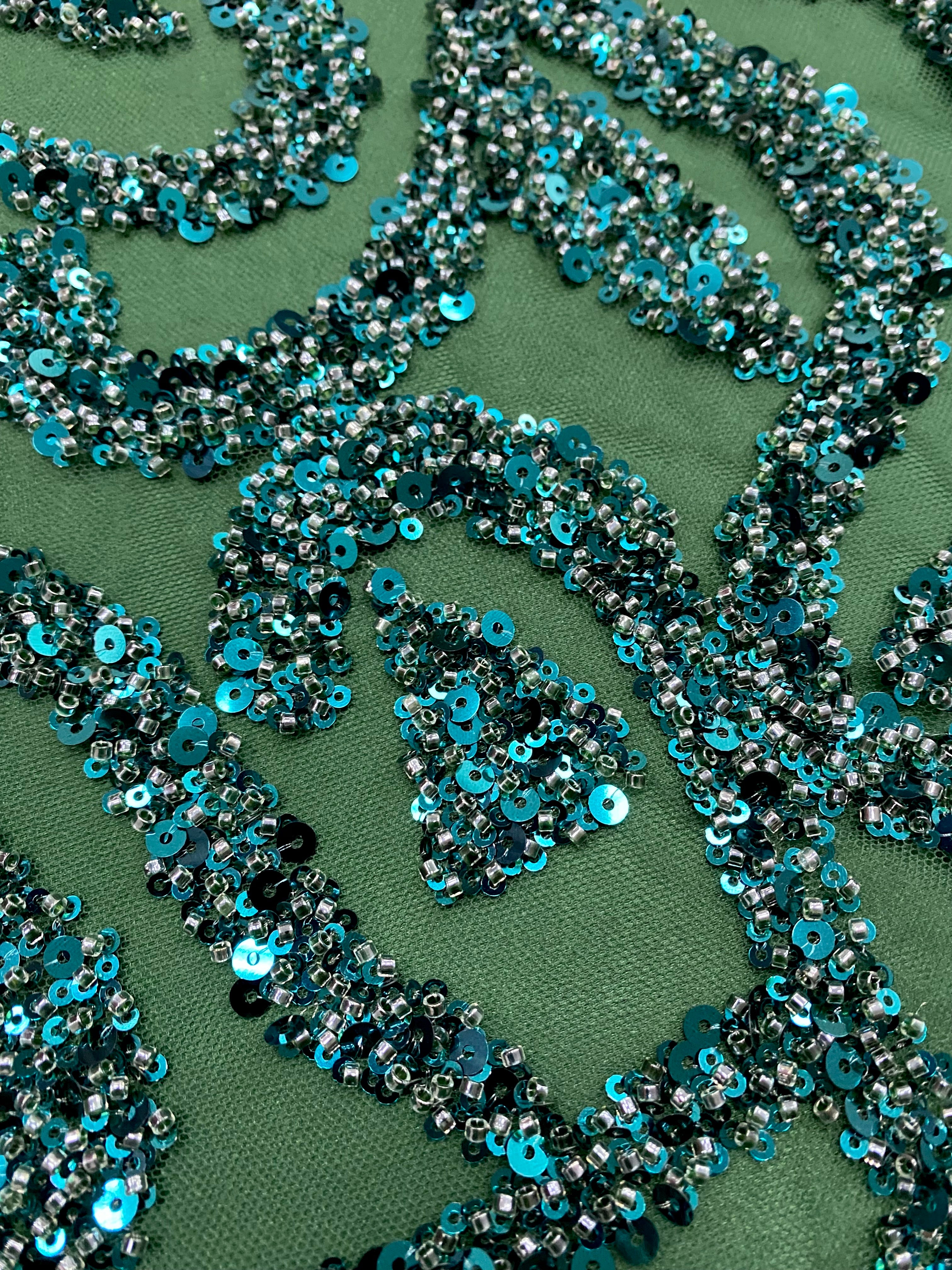 Emerald Green Couture Lace with Geometric Pattern, with Beads and Sequins
