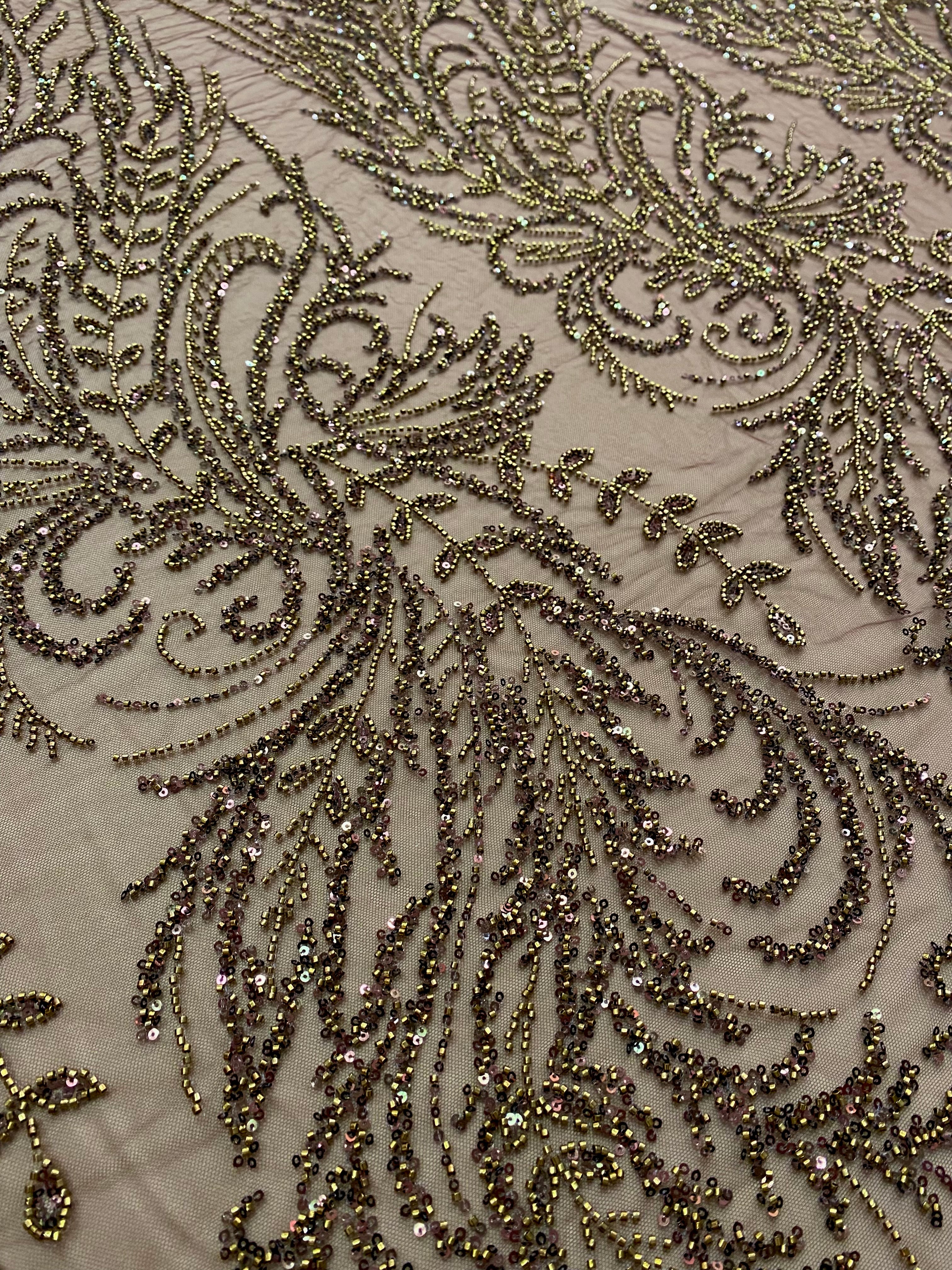 Antique Gold Couture Lace with Floral Pattern, Beads and Sequins 
