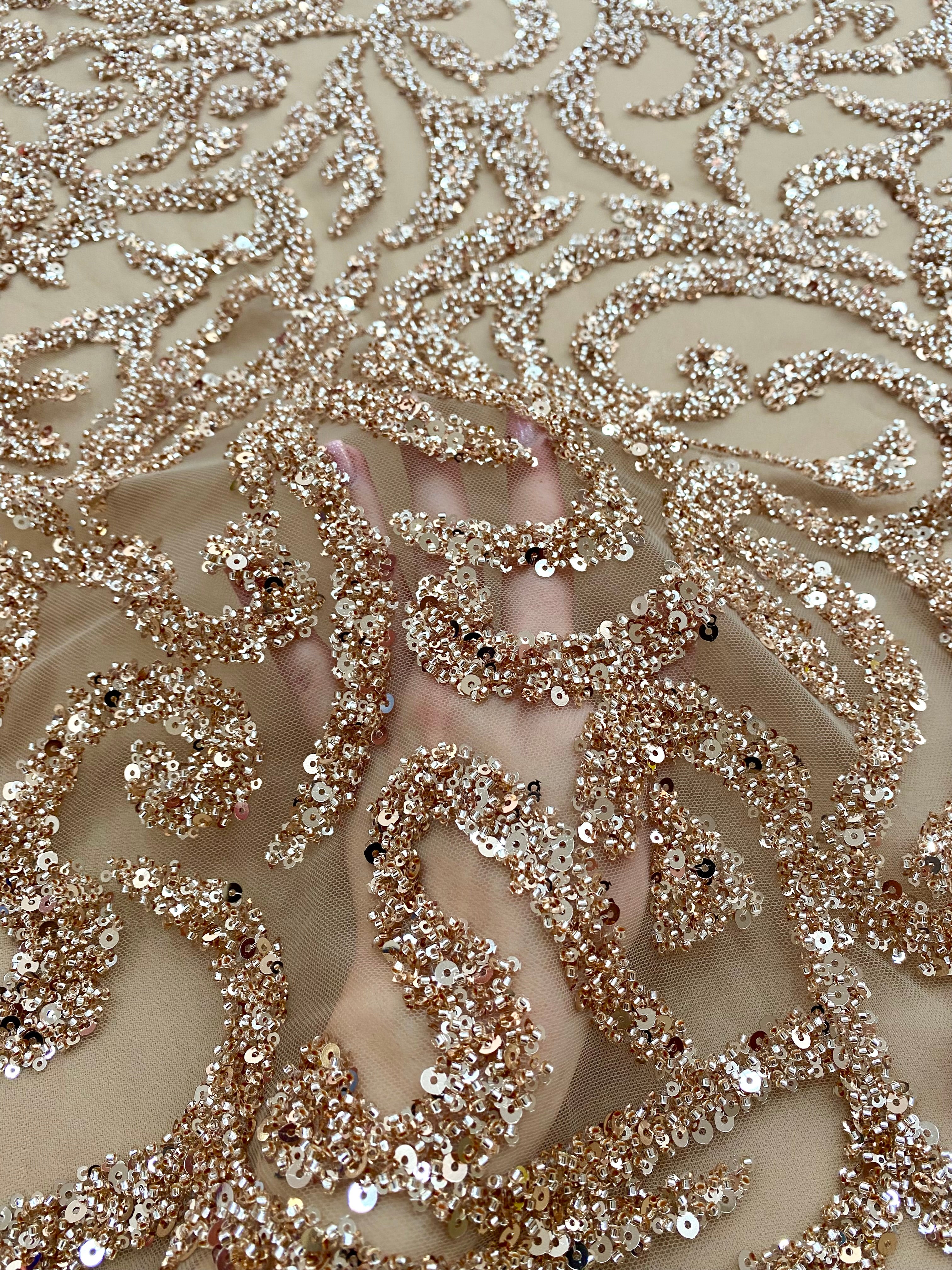 Rose Gold Couture Lace with Geometric Pattern, Beads and Sequins 