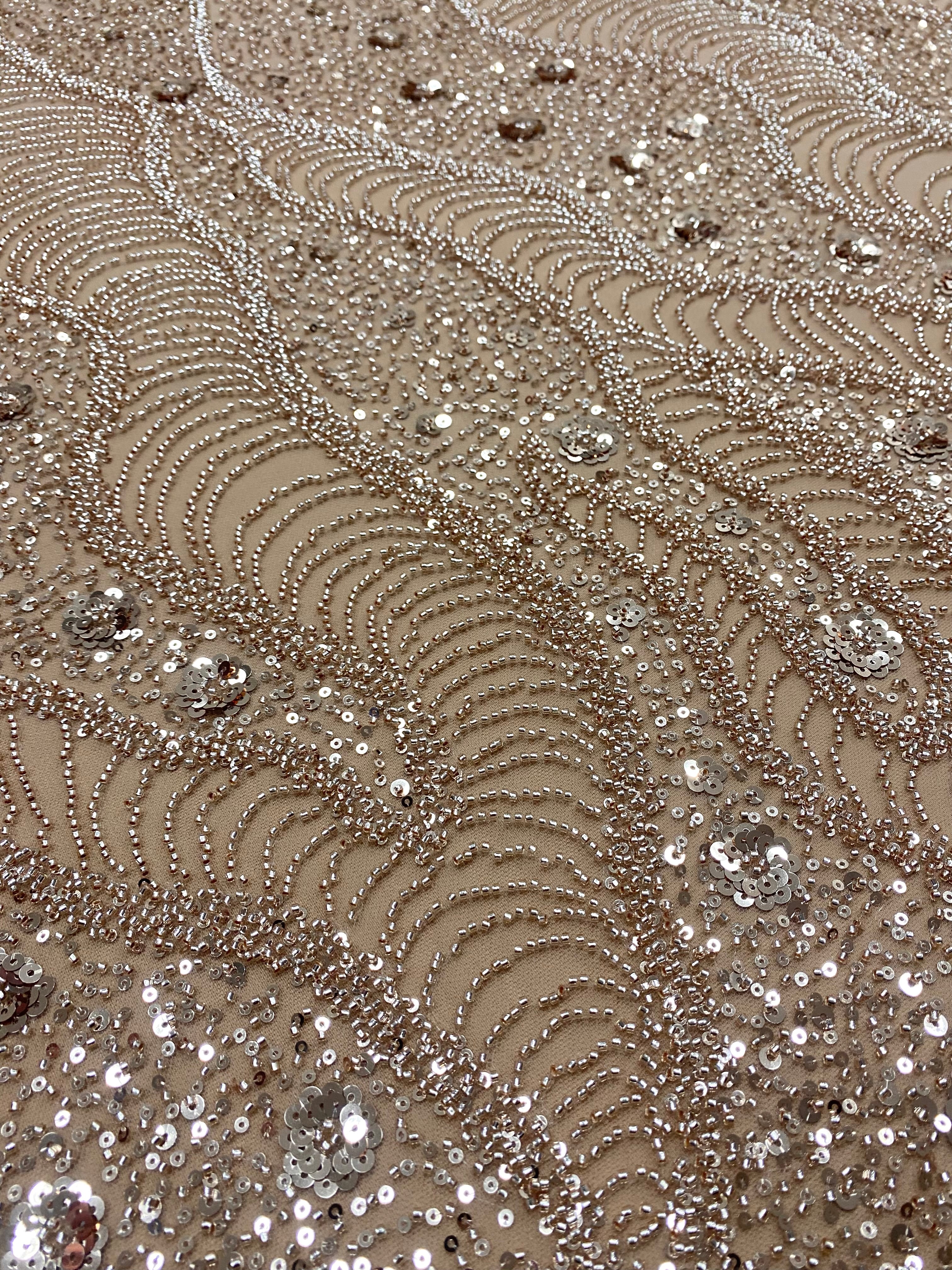 Rose Gold Couture Lace with Geometric and Floral Pattern, with Beads and Sequins