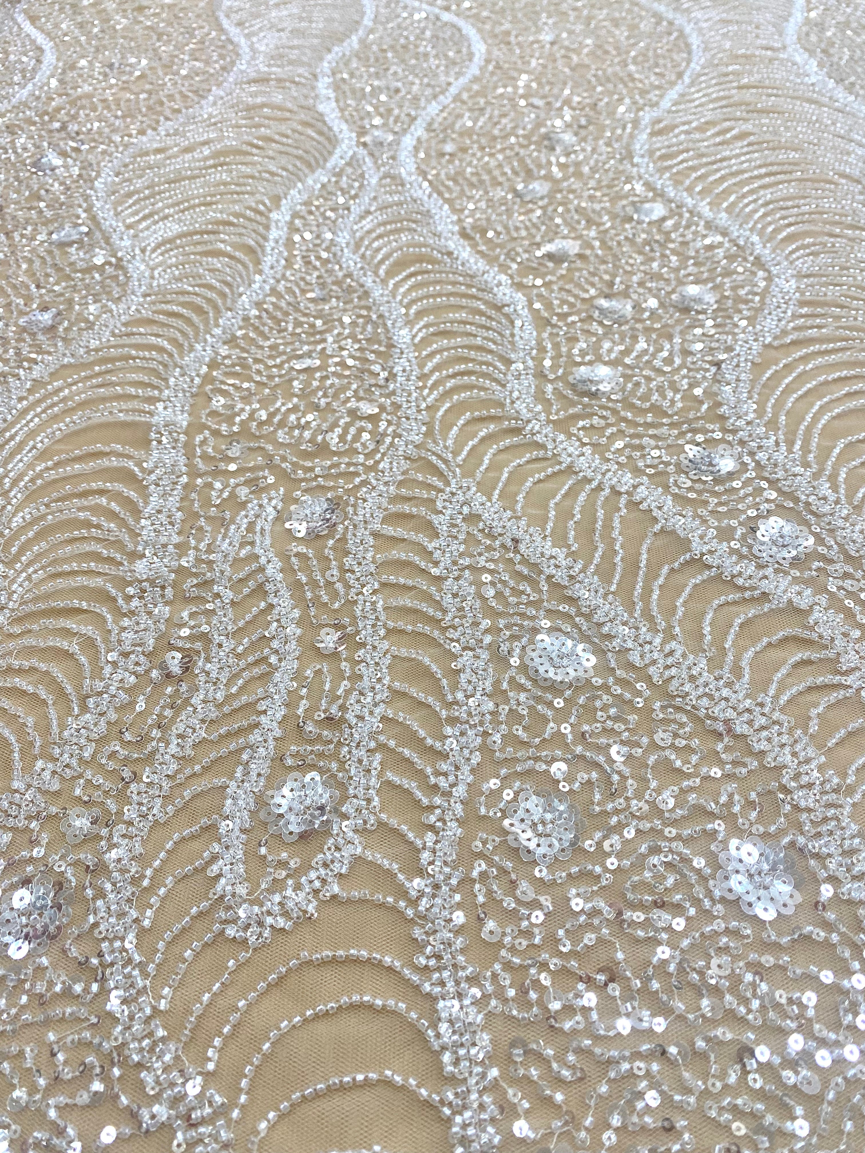Silver Lace with Linear Pattern, with Pearls and Sequins