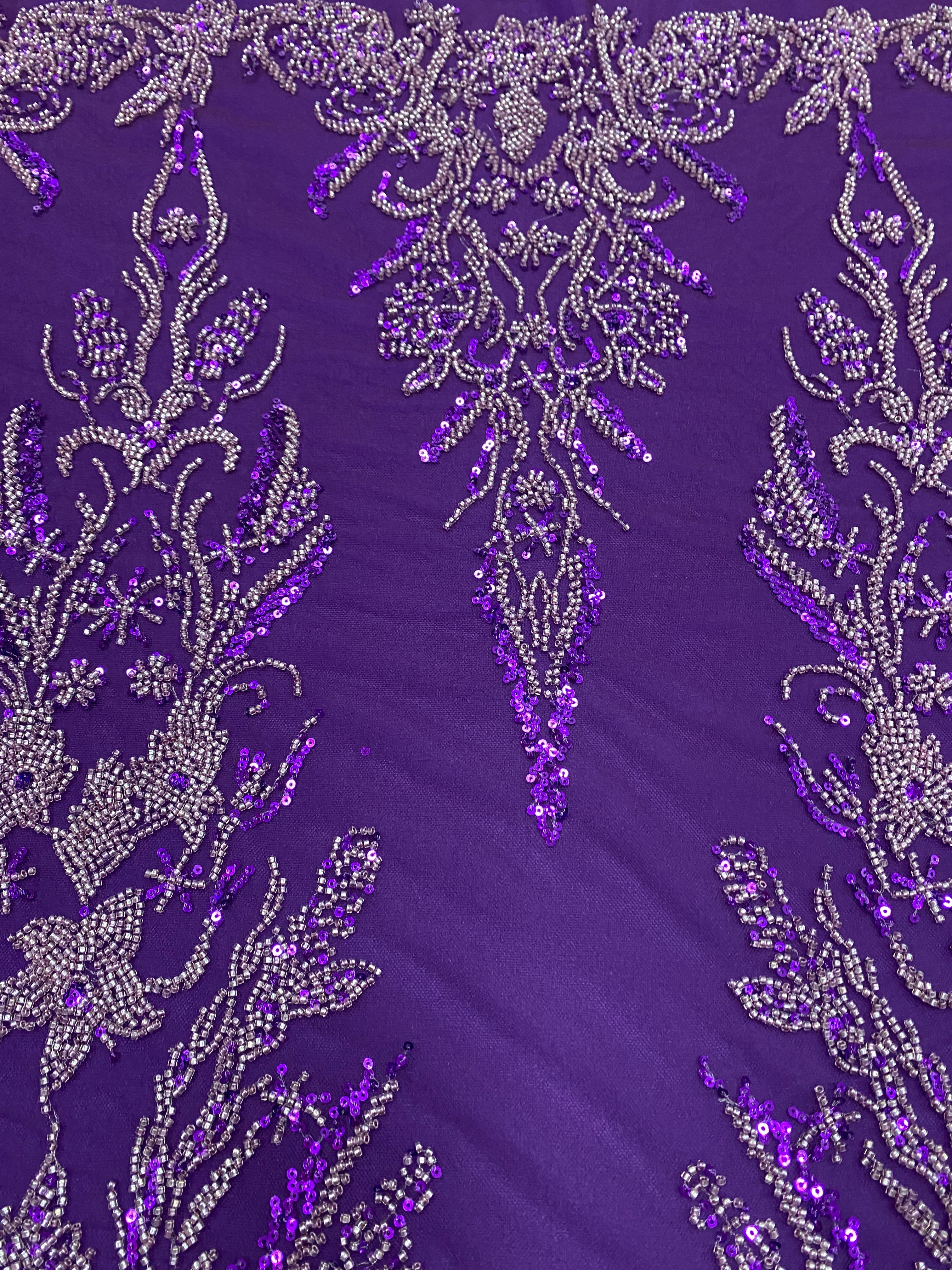 Dantela Couture Mov Inchis cu Model Floral, cu Margele si Paiete
