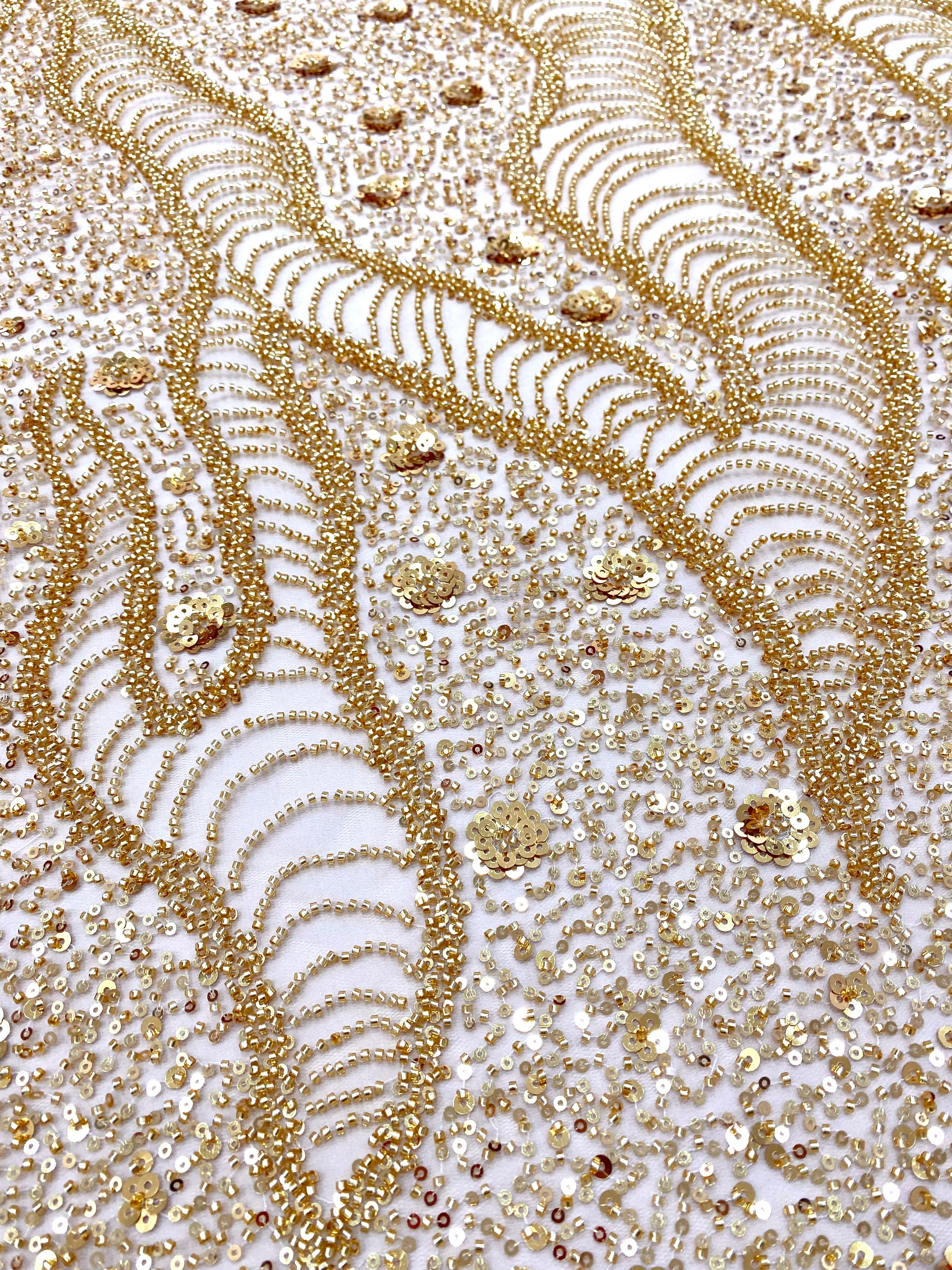 Gold Couture Lace with Geometric and Floral Pattern, with Beads and Sequins