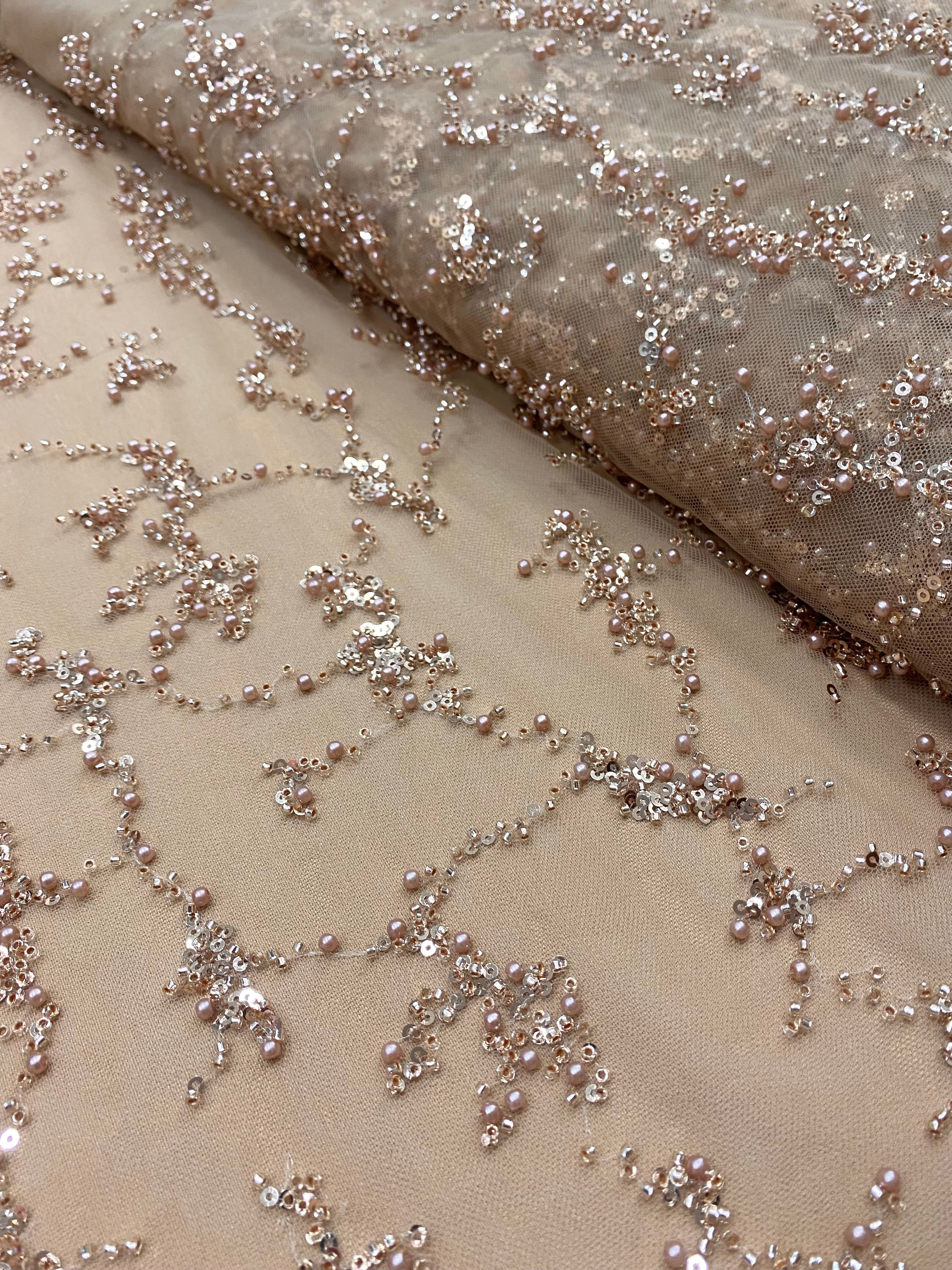 Rose Gold Couture Lace with Pearls, Beads and Sequins 