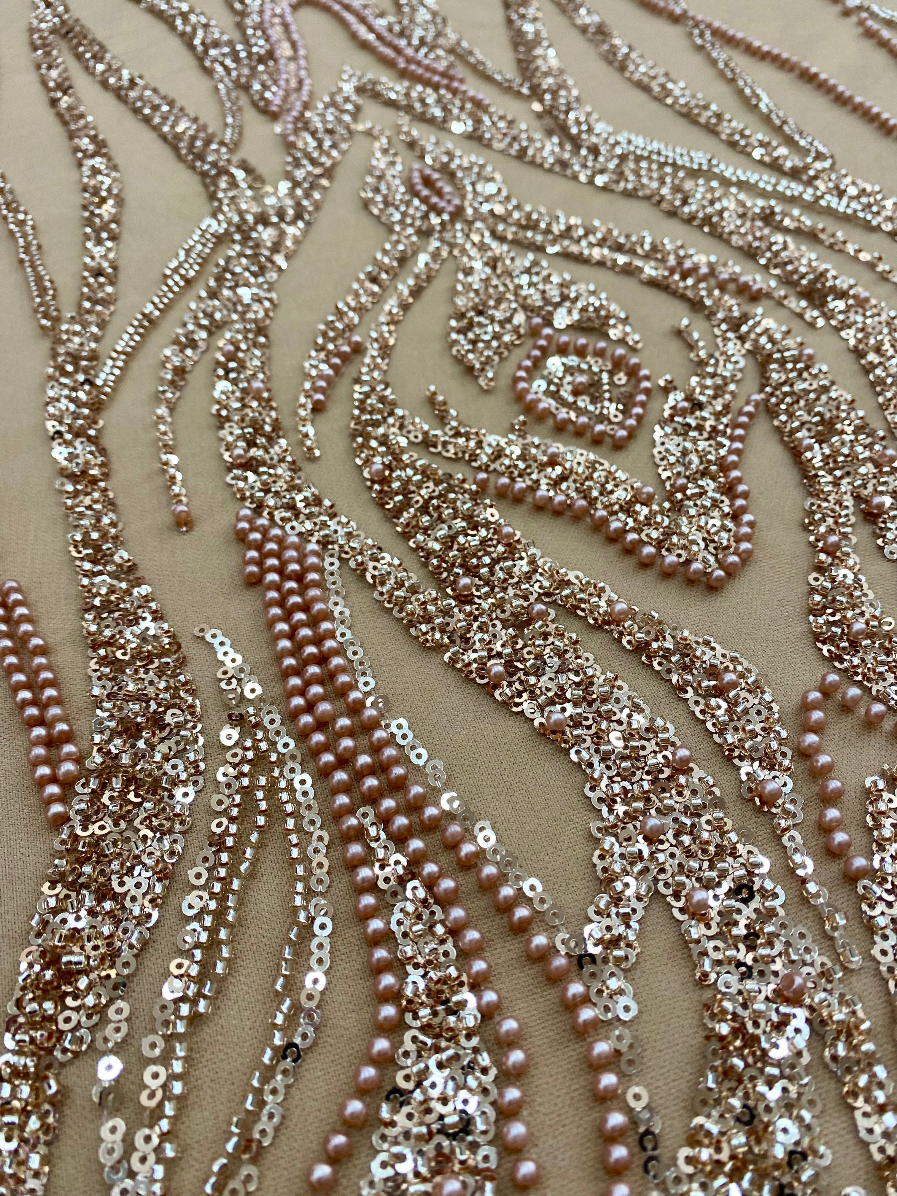 Rose Gold Couture Lace with Geometric Pattern, with Pearls, Beads and Sequins 