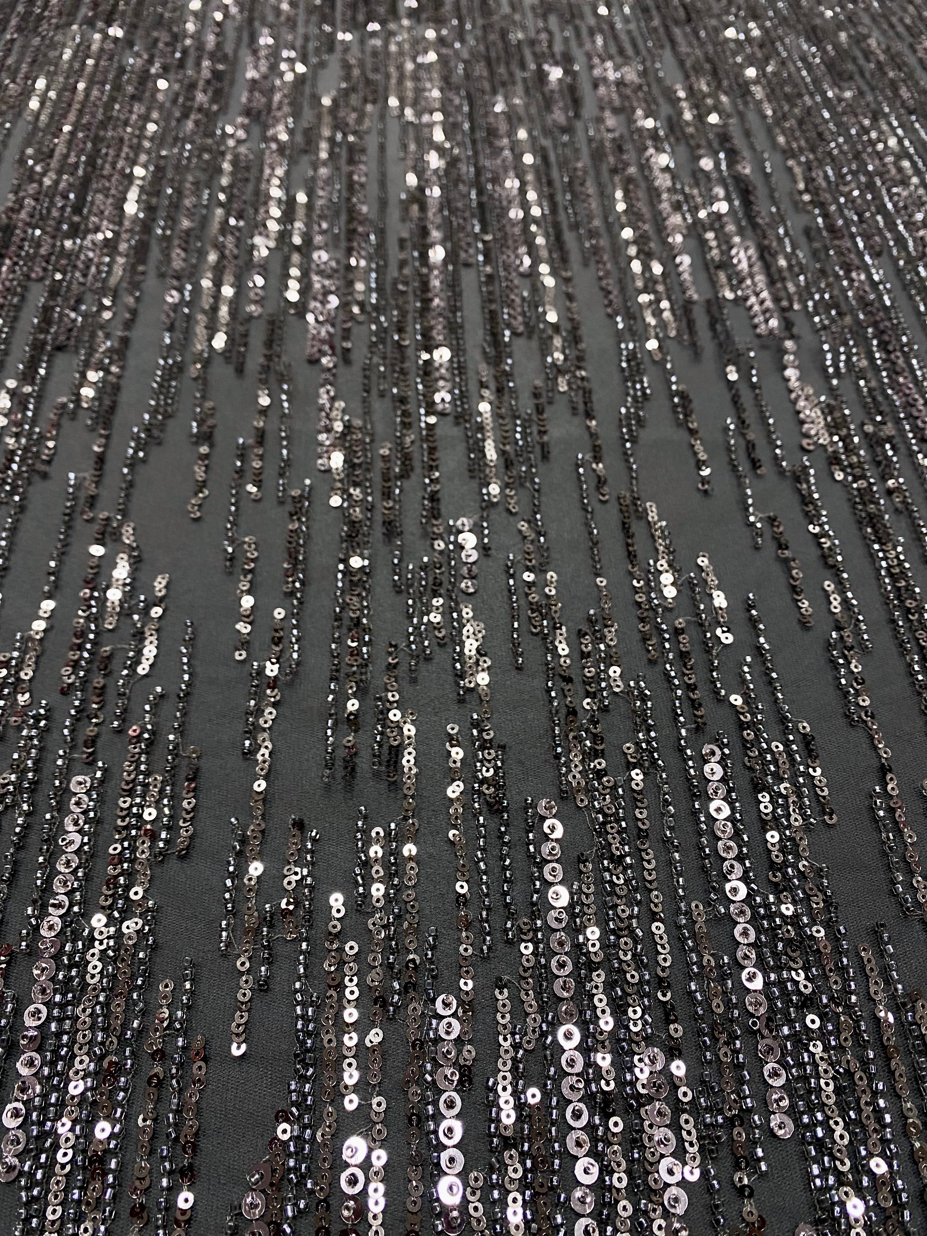 Black Lace with Linear Pattern, with Pearls and Sequins