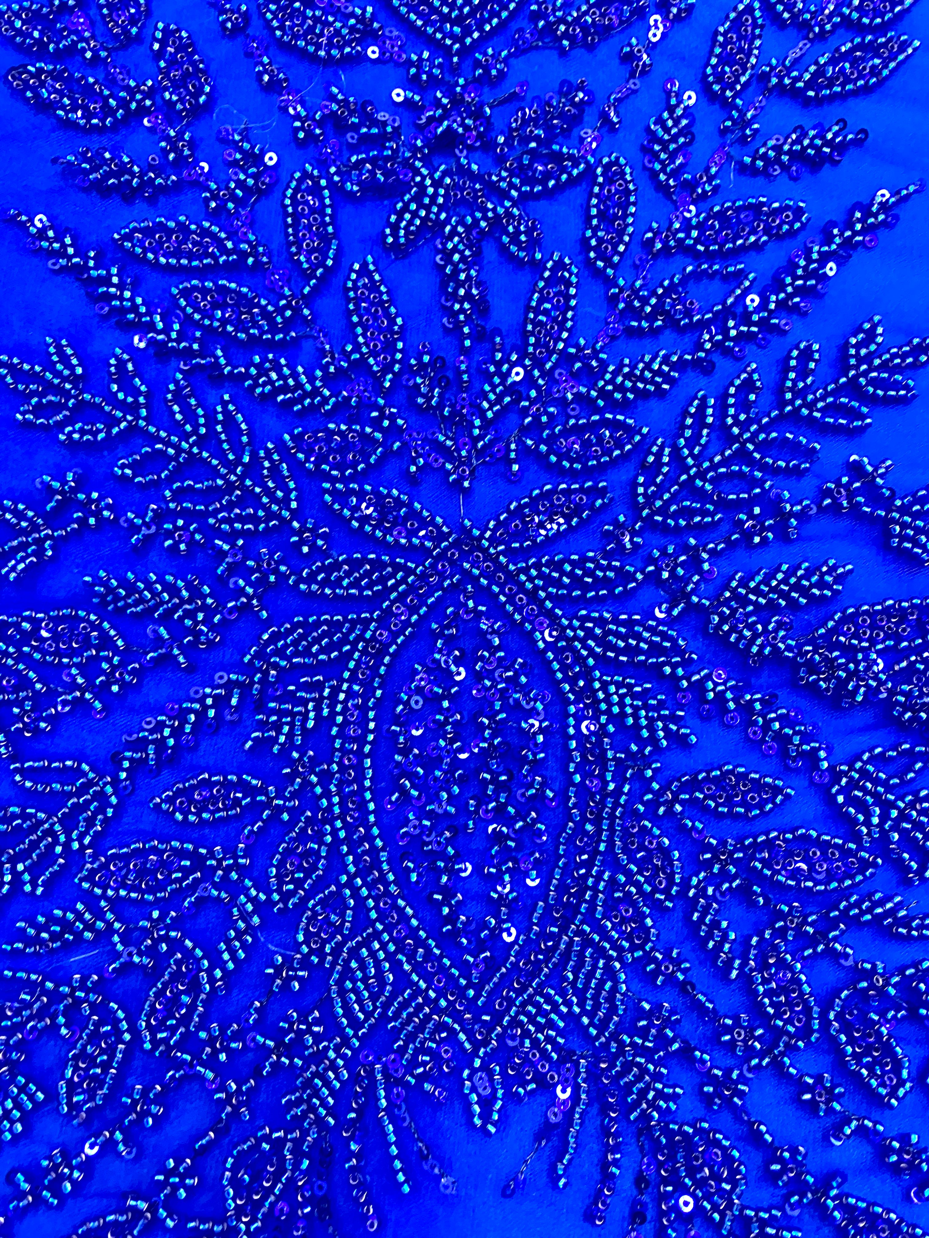 Dantela Couture Albastru Royal cu Model Simetric, cu Margele si Paiete