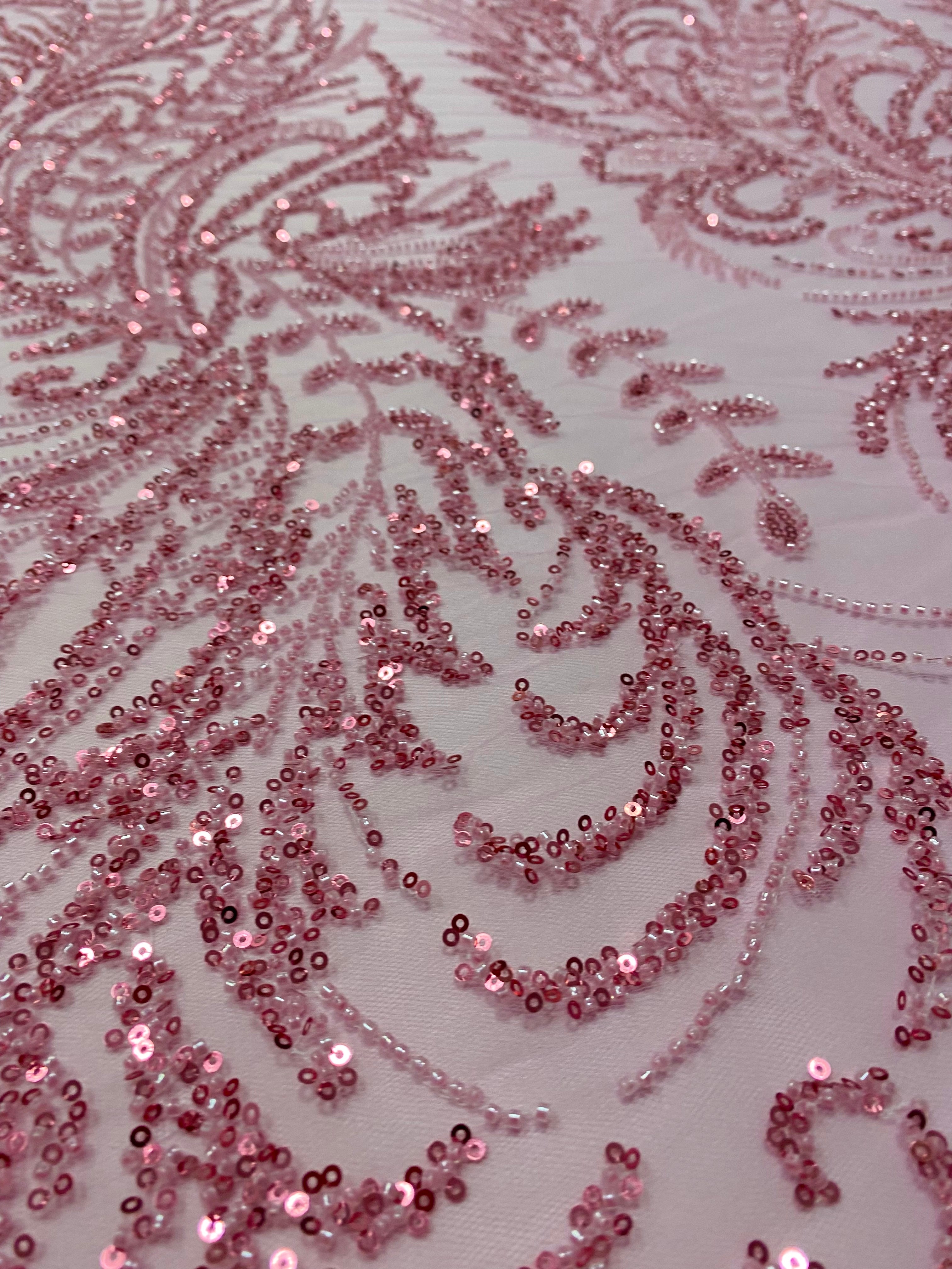 Pink Couture Lace with Floral Pattern, with Beads and Sequins