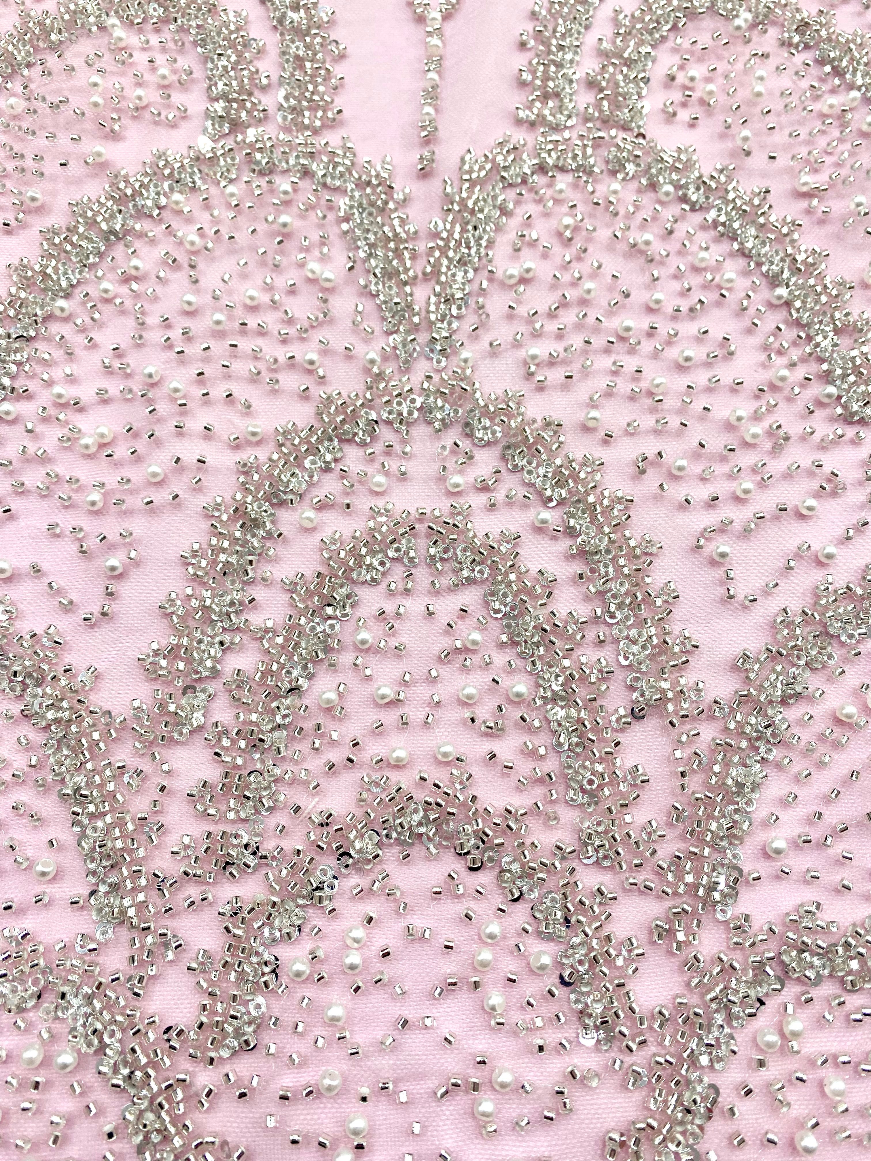 Silver Couture Lace on Pink Tulle with Geometric Pattern, with Pearls, Beads and Sequins