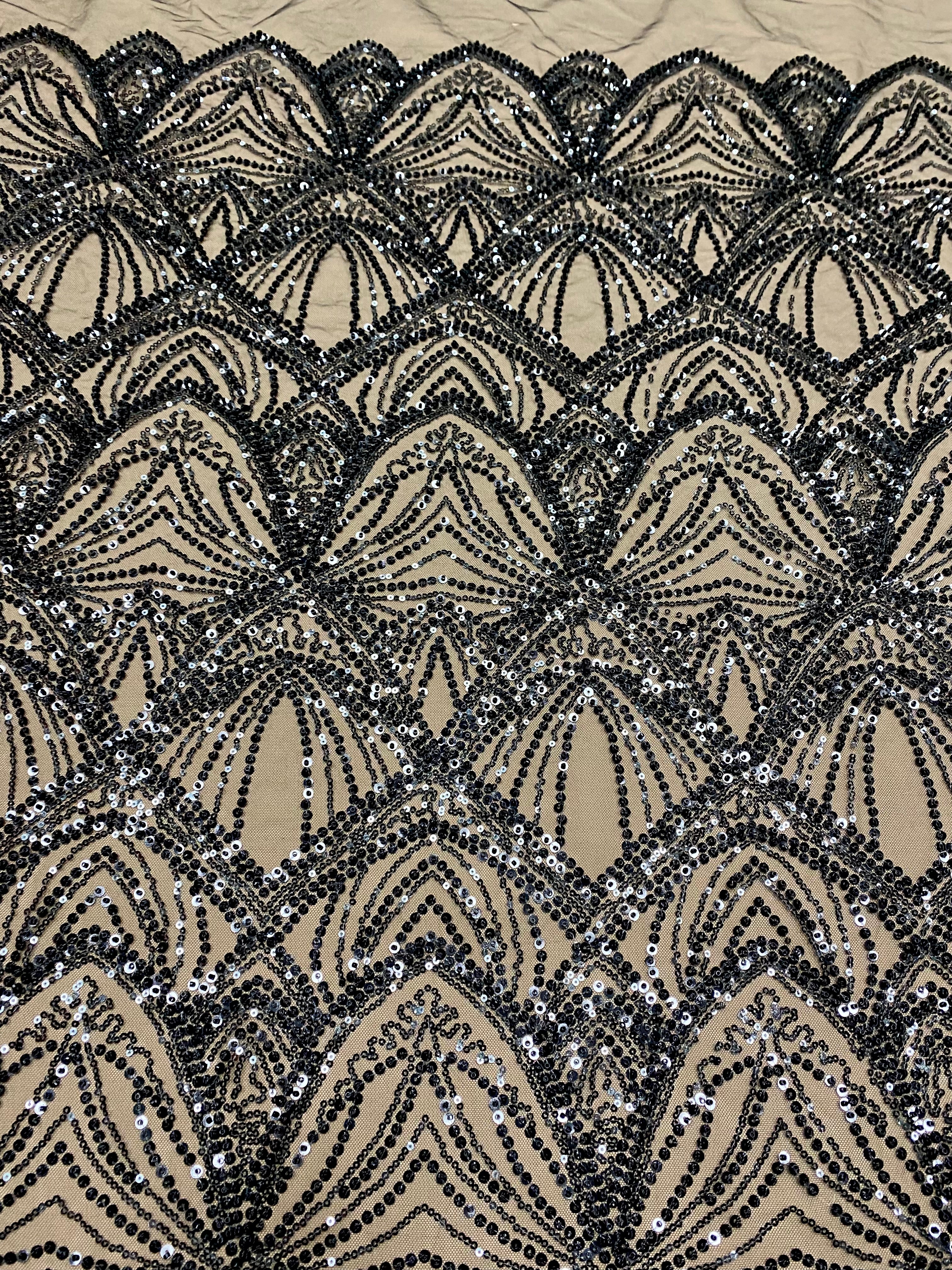 Silver Couture Lace on Blue Tulle, with Symmetrical Pattern, with Beads and Sequins 