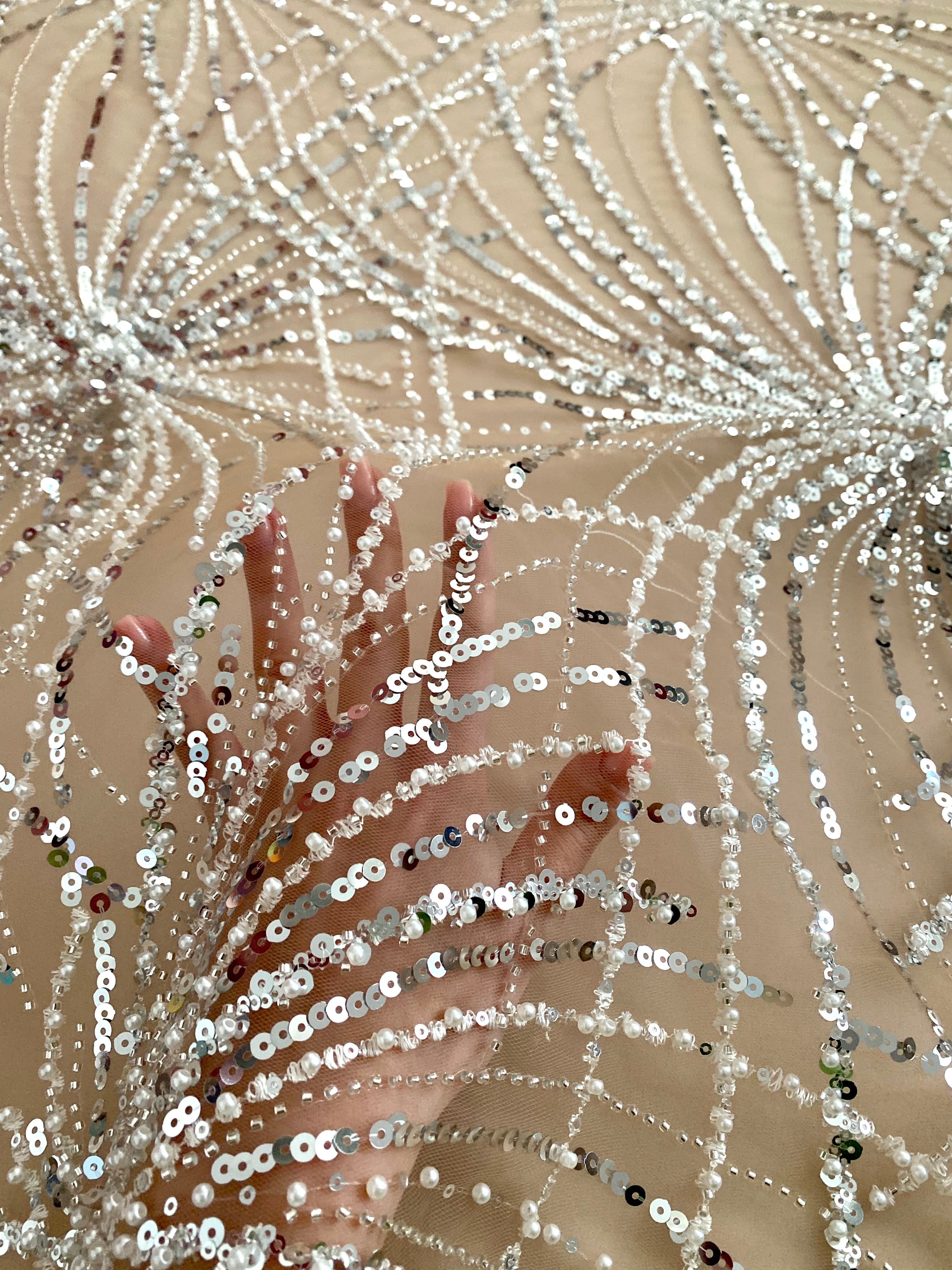 Silver Lace with Linear Pattern, with Pearls and Sequins