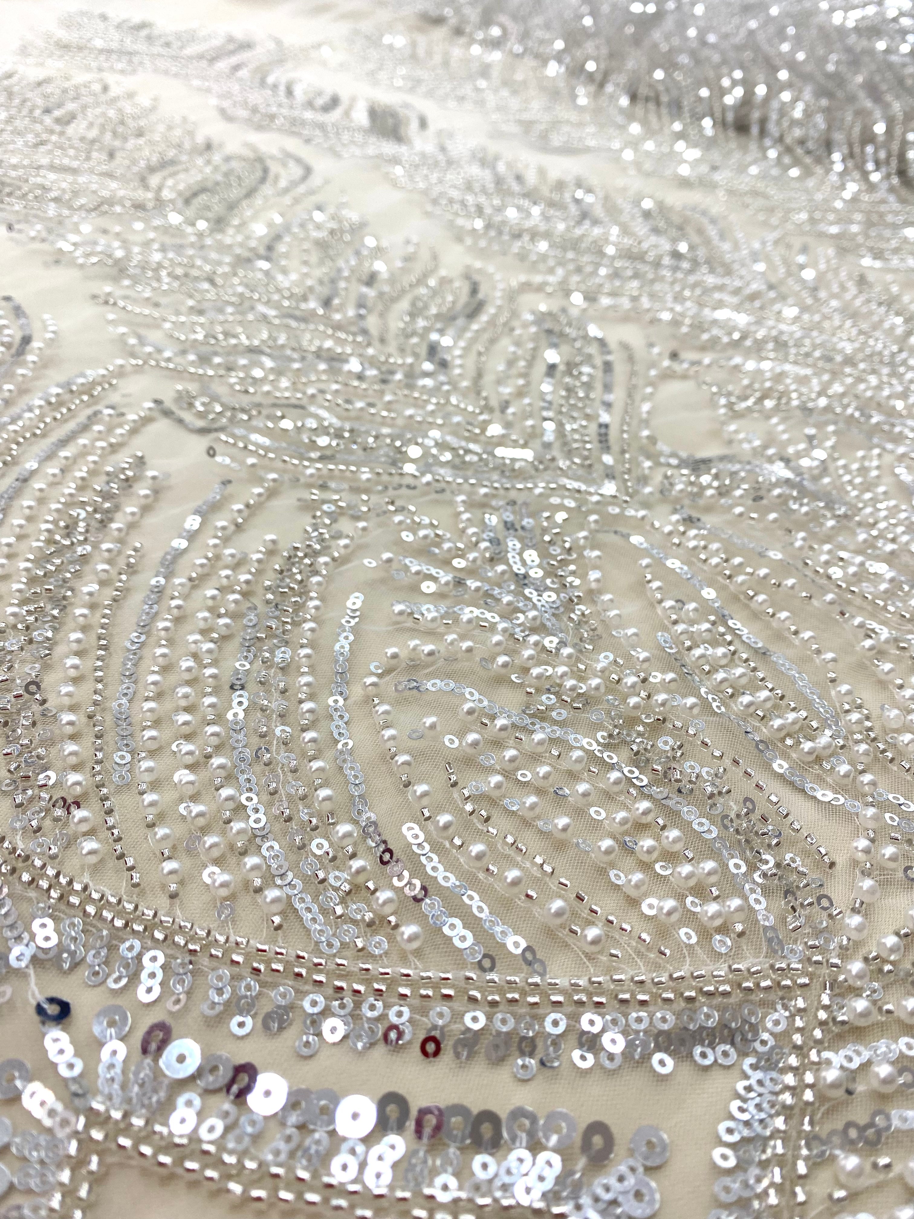 Silver Lace with Geometric Pattern, with Beads and Sequins