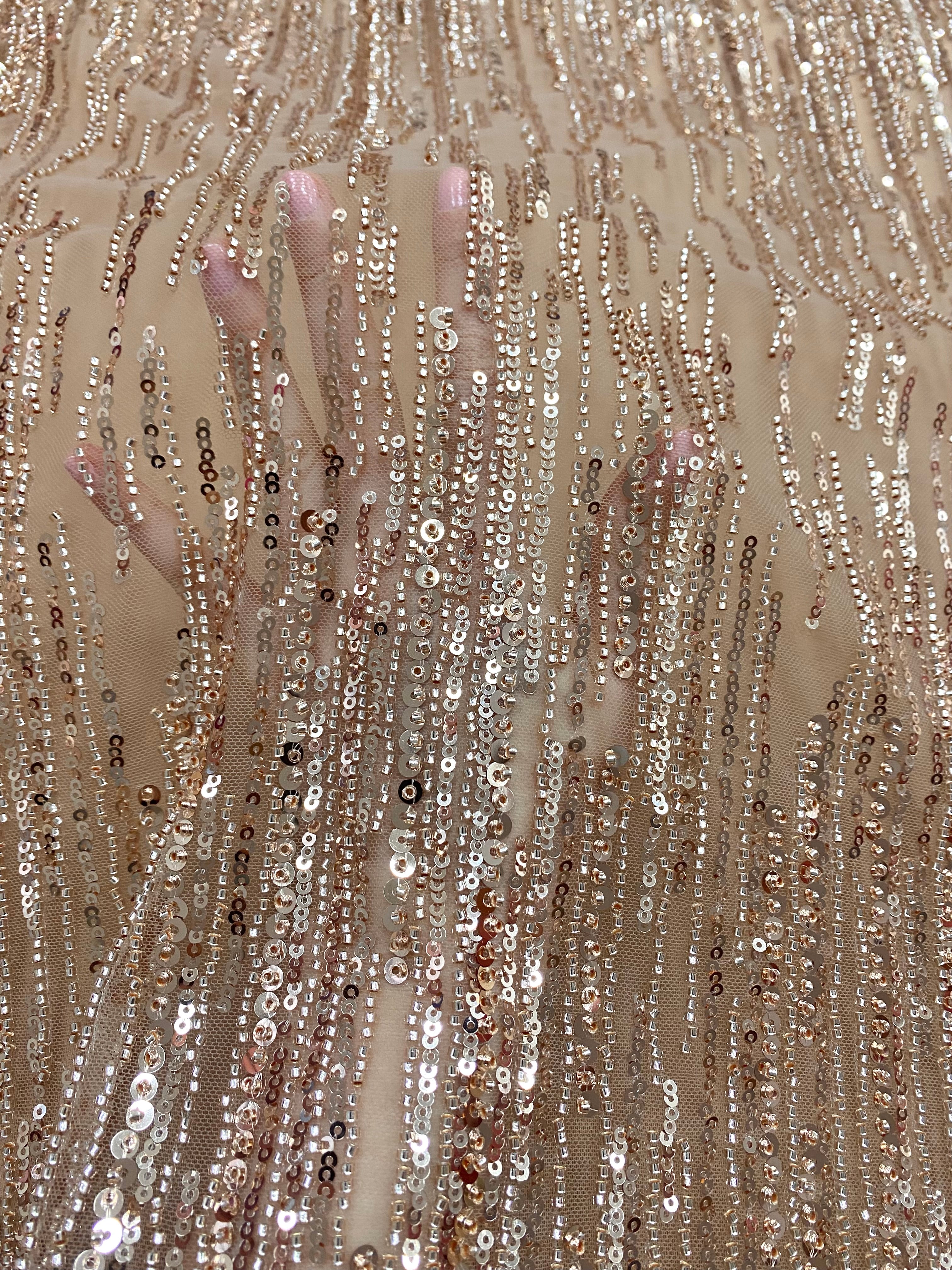 Black Lace with Linear Pattern, with Pearls and Sequins