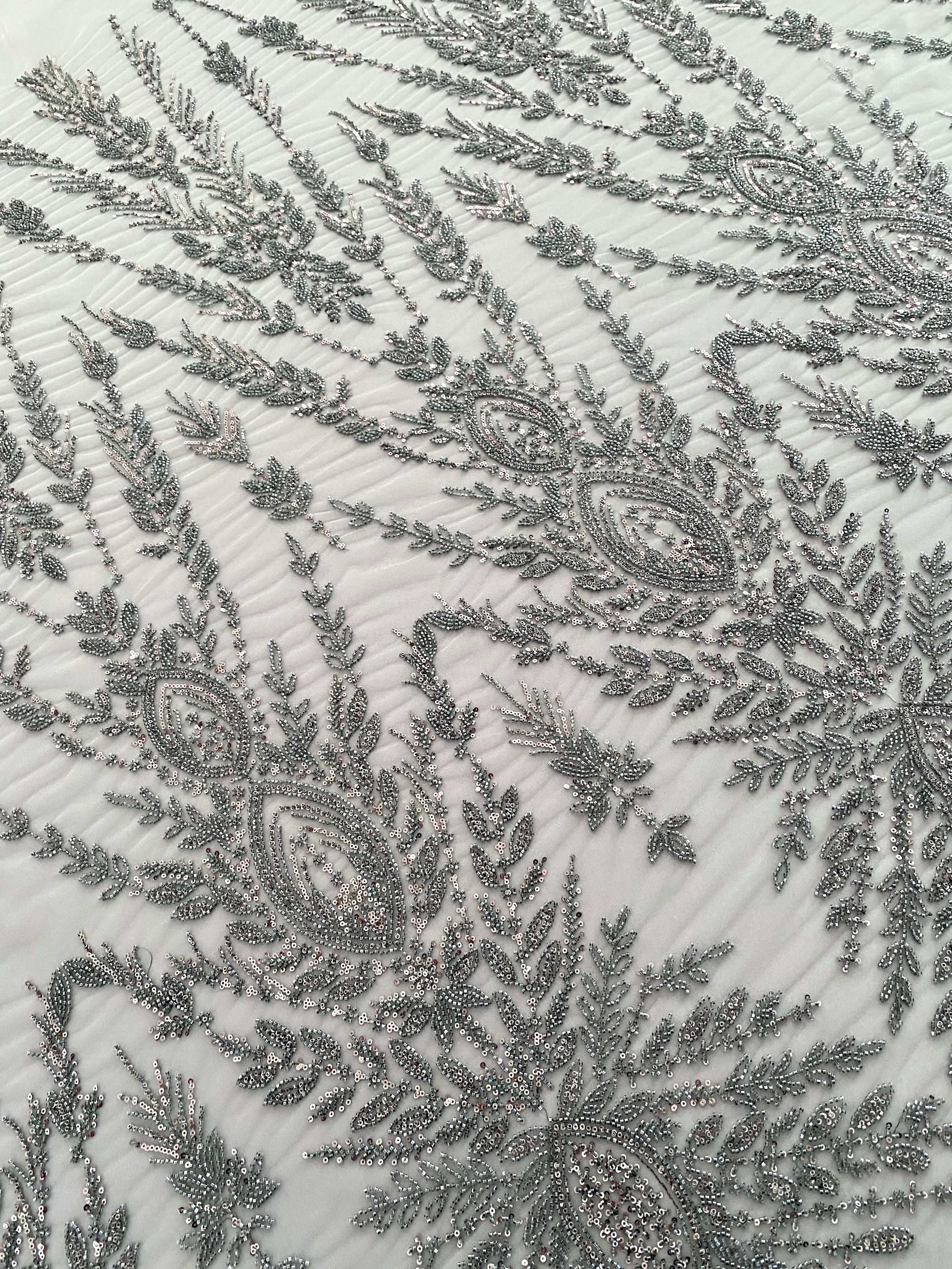 Anthracite Grey Couture Lace with Symmetrical Pattern, Beads and Sequins 