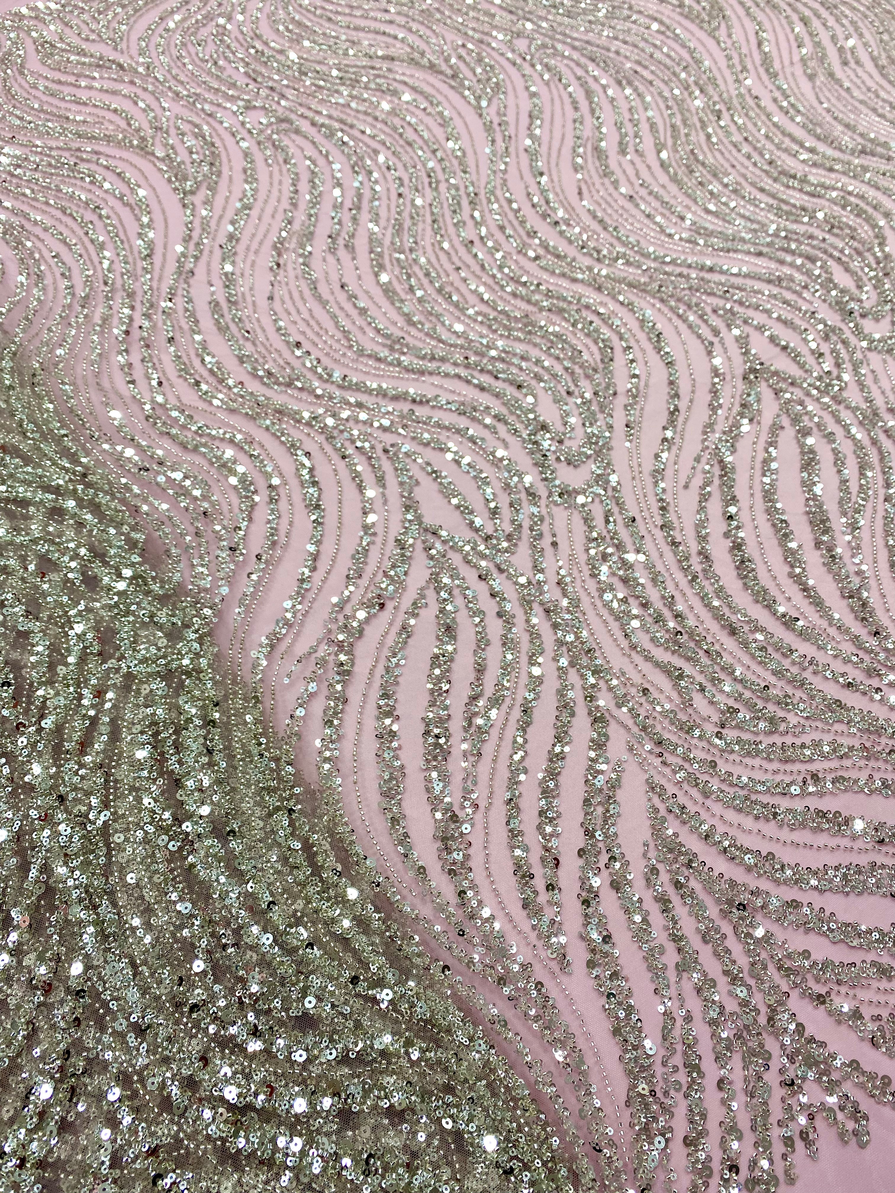 Silver Lace with Linear Pattern, with Pearls and Sequins