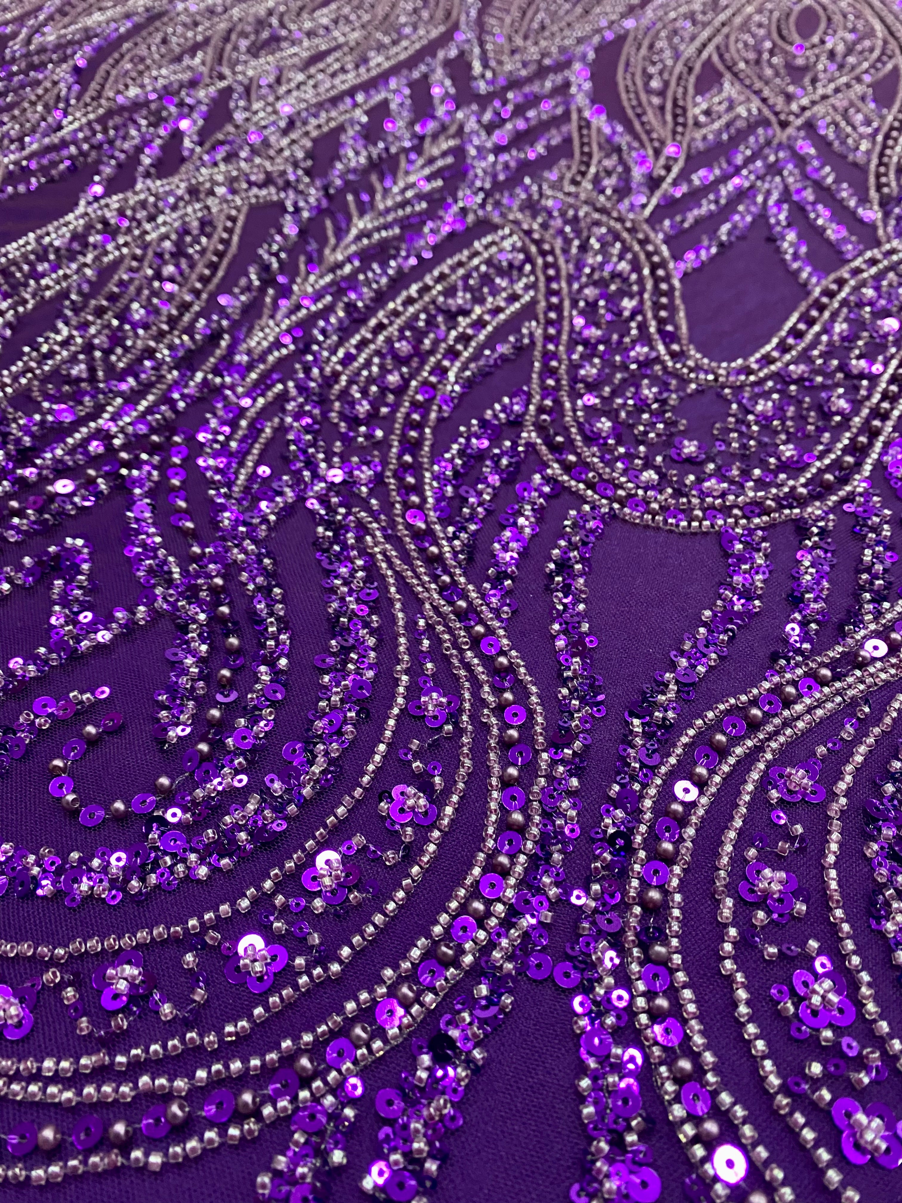 Dantela Couture Mov Inchis cu Model Geometric, Perle, Margele si Paiete
