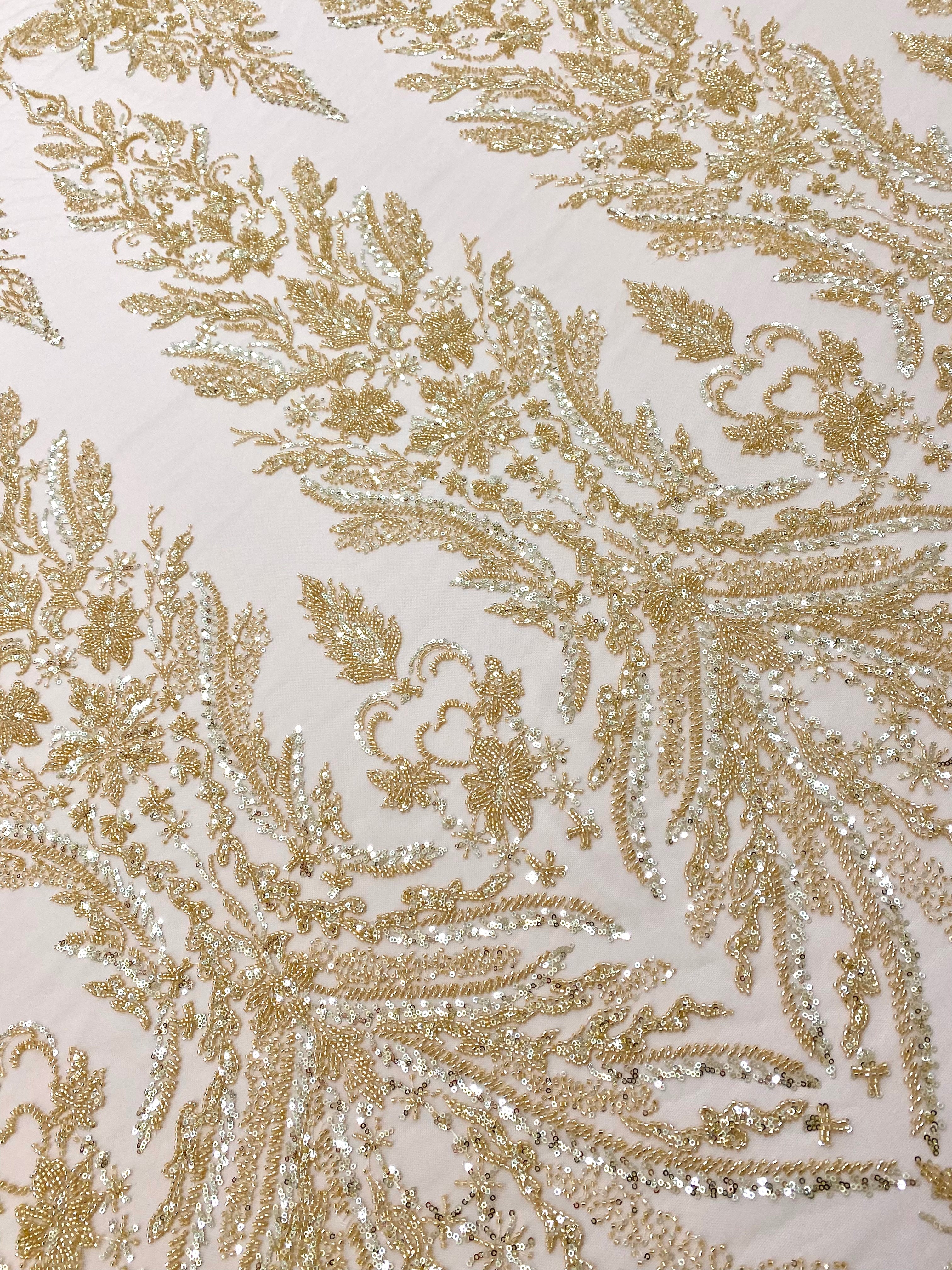 Gold Couture Lace with Floral Pattern, with Pearls, Beads and Sequins