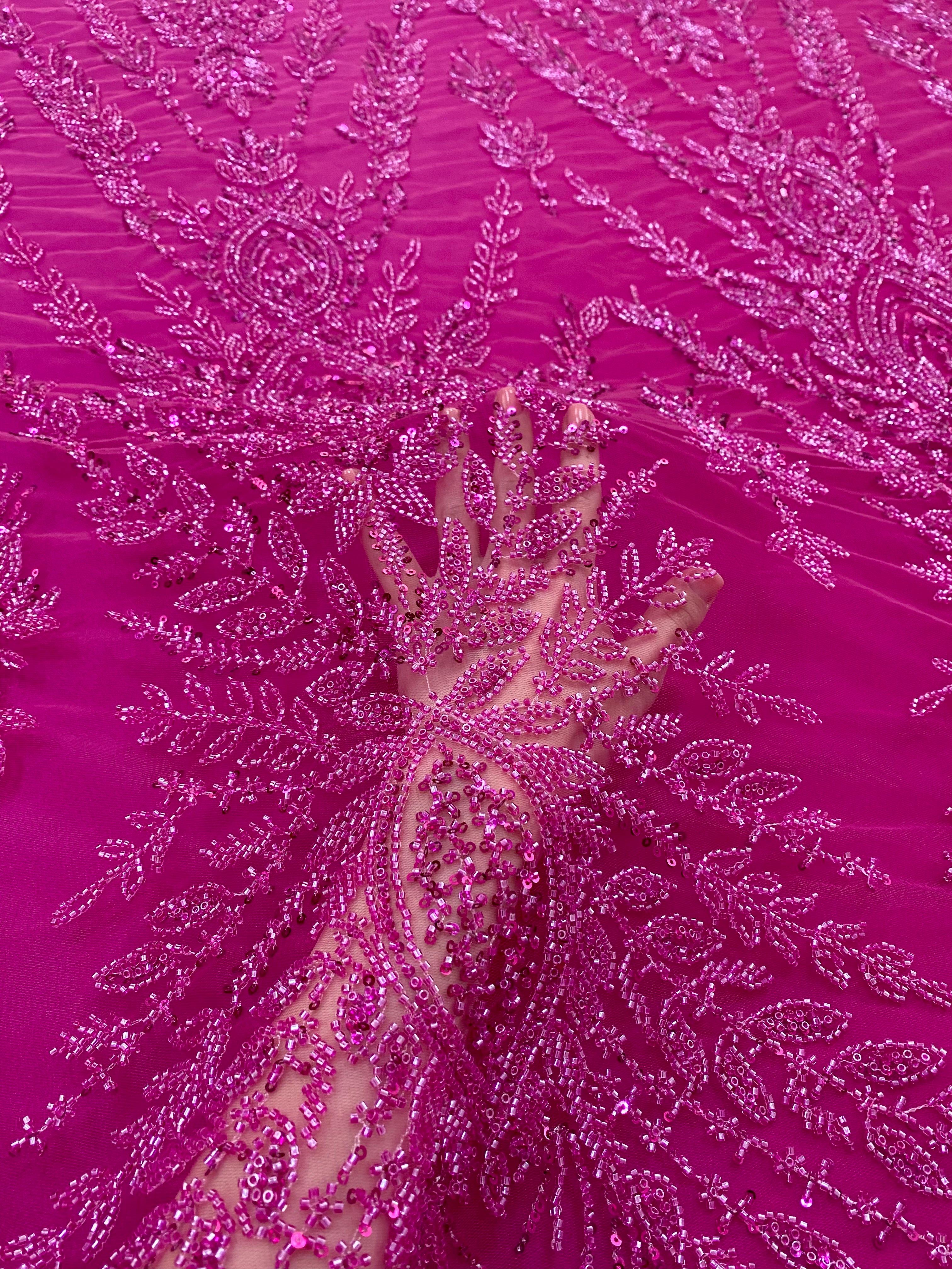 Fuchsia Couture Lace with Symmetrical Pattern, Beads and Sequins 