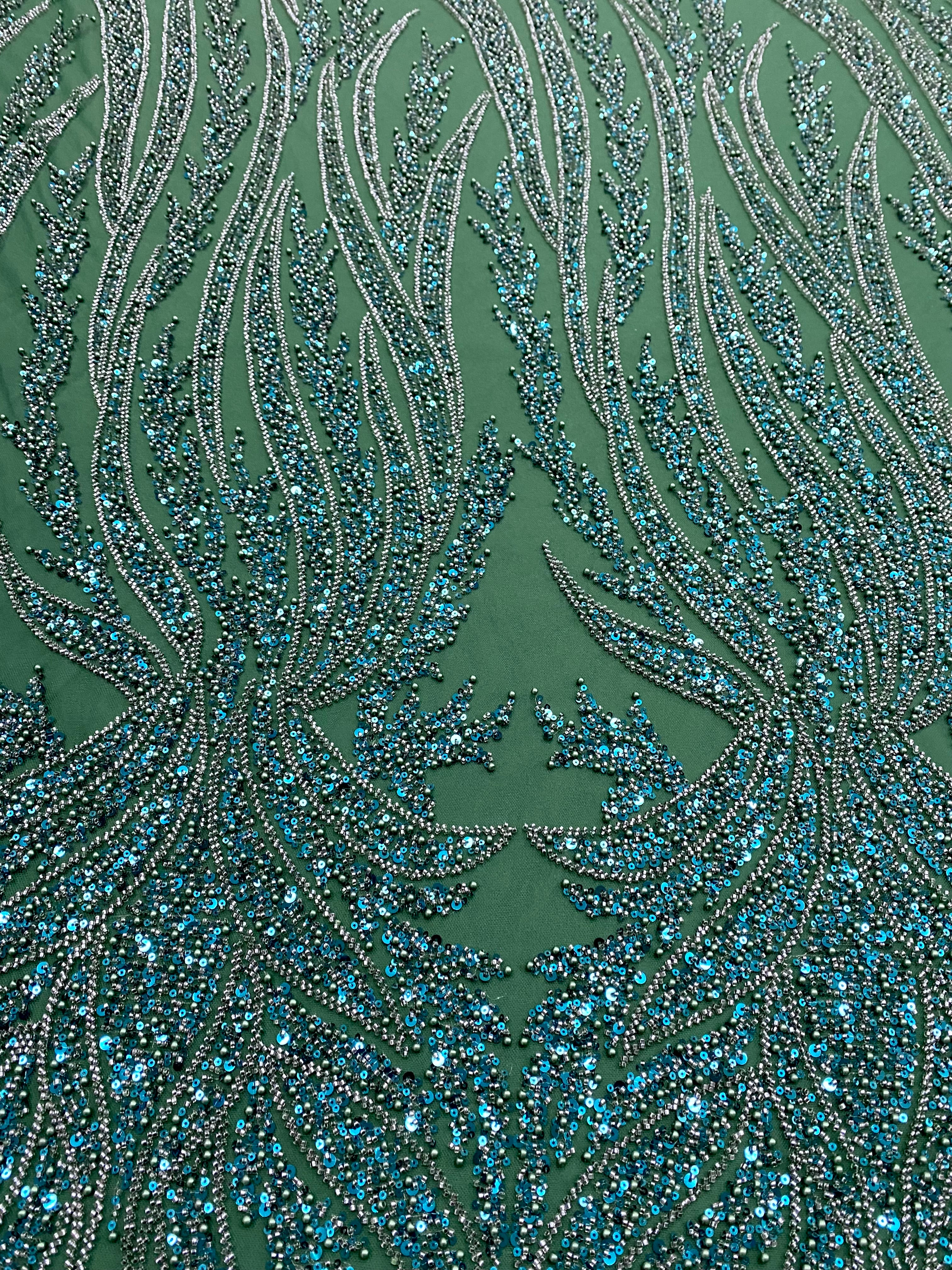 Emerald Green Couture Lace with Panel, with Pearls, Beads and Sequins
