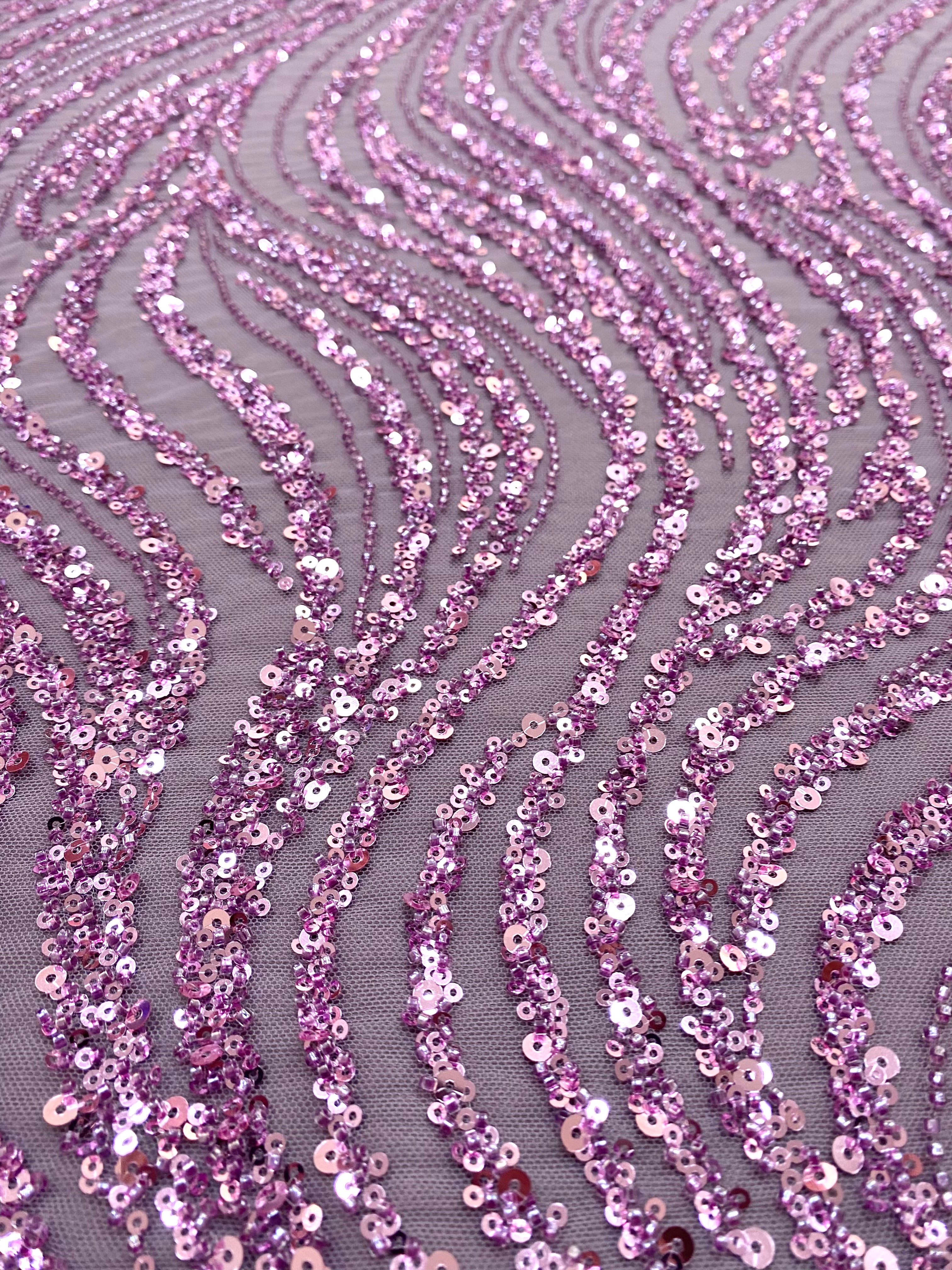 Powder Couture Lace with Linear Pattern, with Beads and Sequins