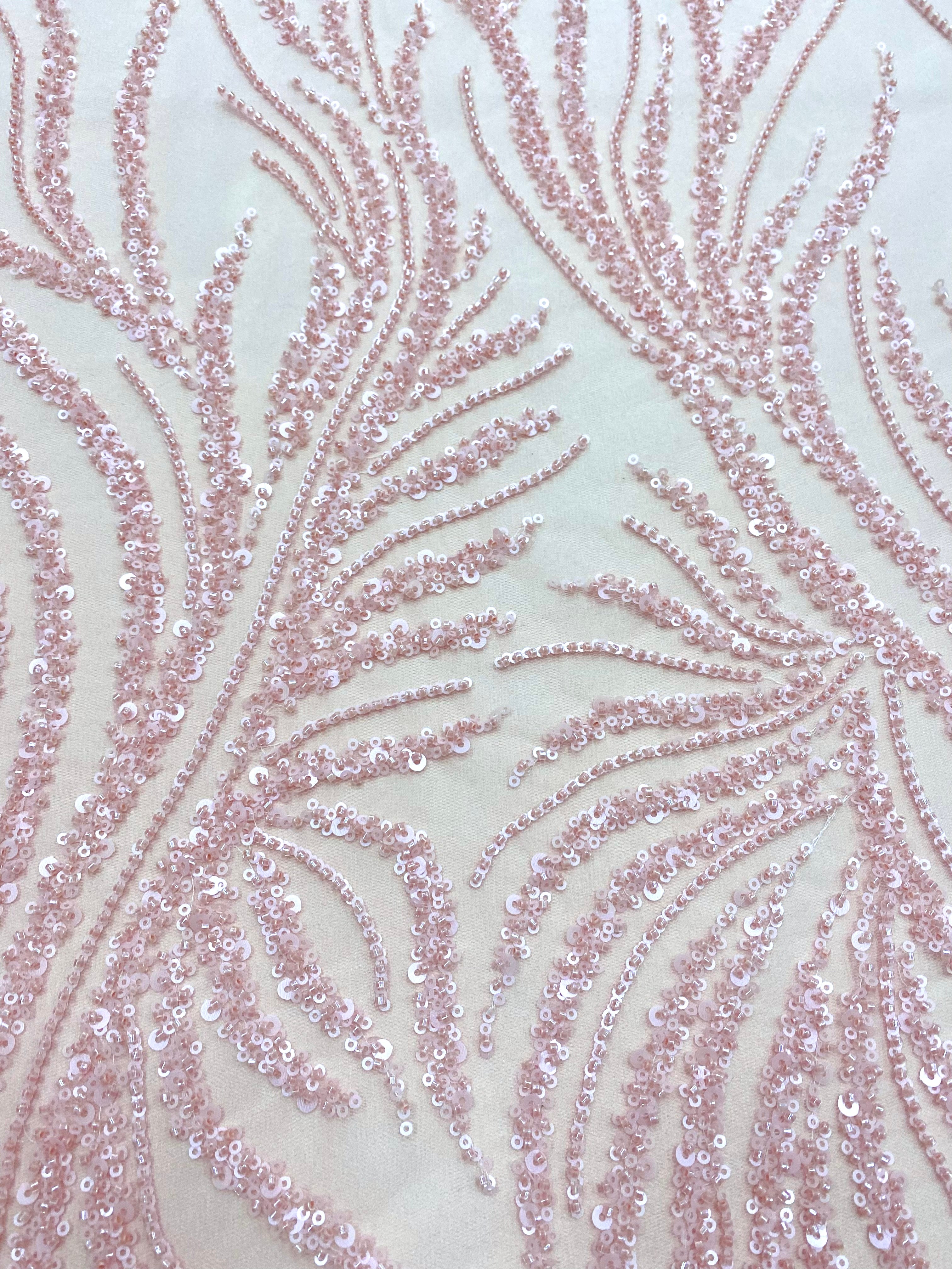 Salmon Pink Couture Lace with Strings, Beads and Sequins