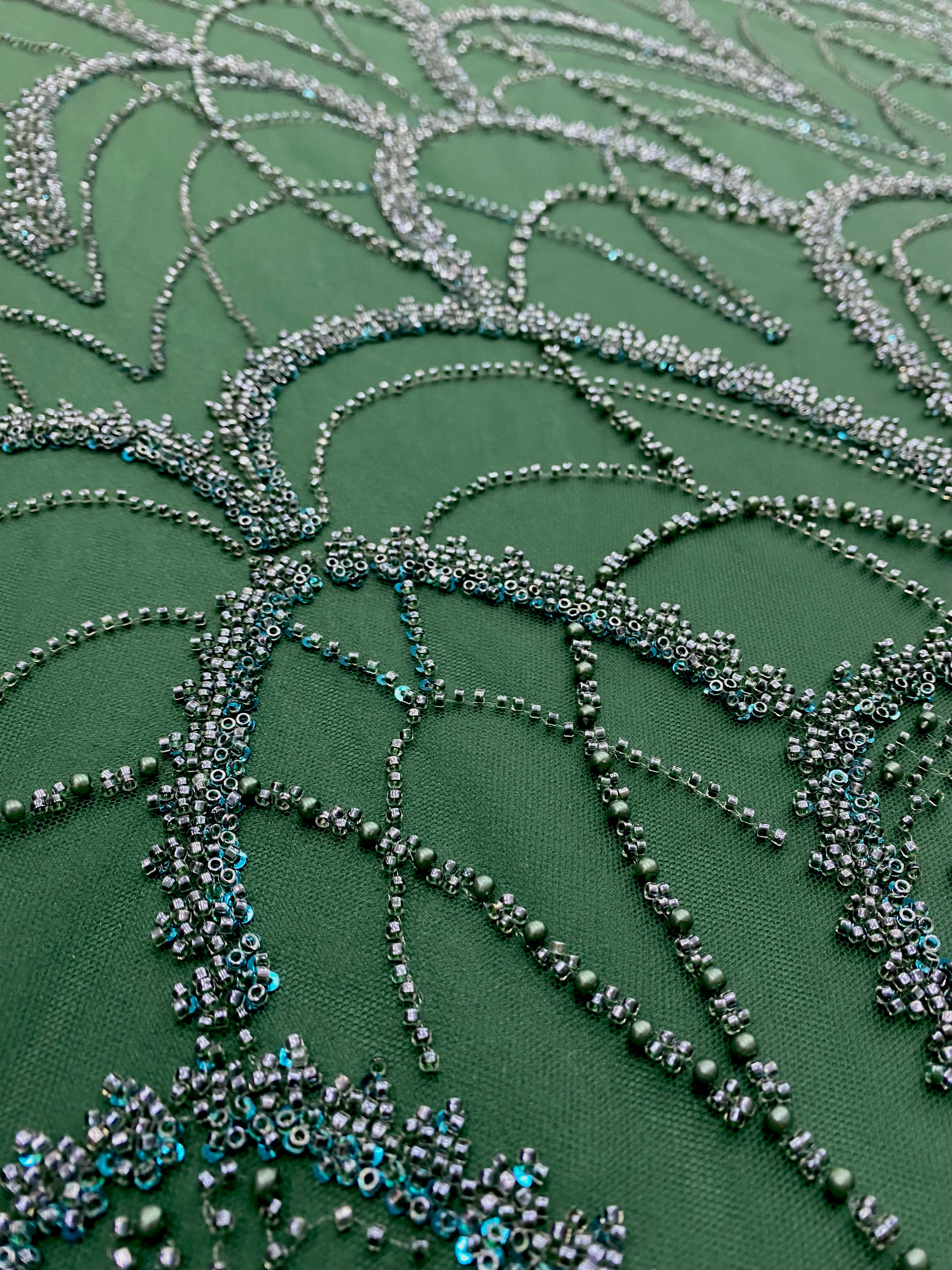 Emerald Green Couture Lace with Geometric Pattern, with Pearls, Beads and Sequins
