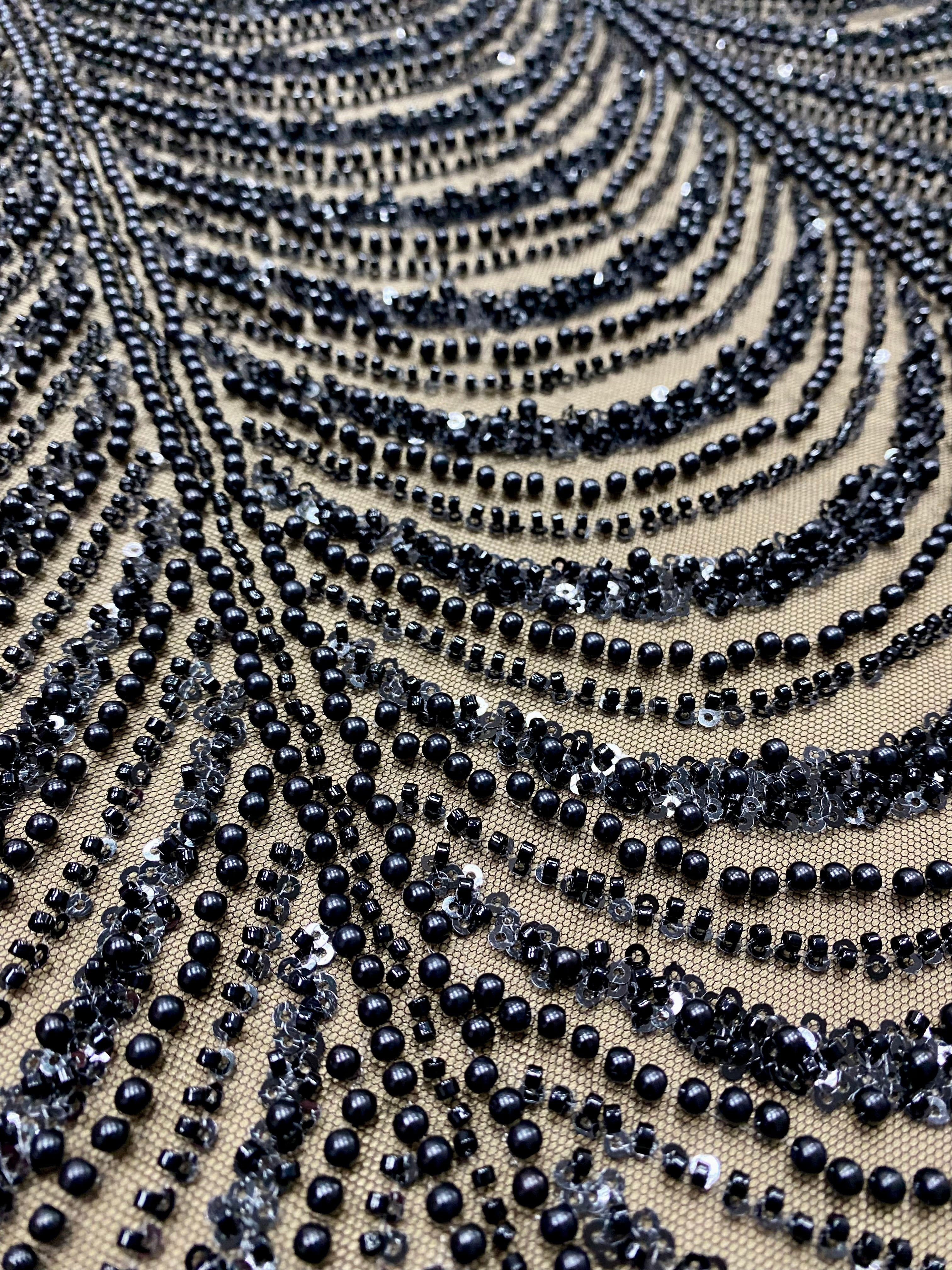 Black Couture Lace with Geometric Pattern, with Pearls, Beads and Sequins