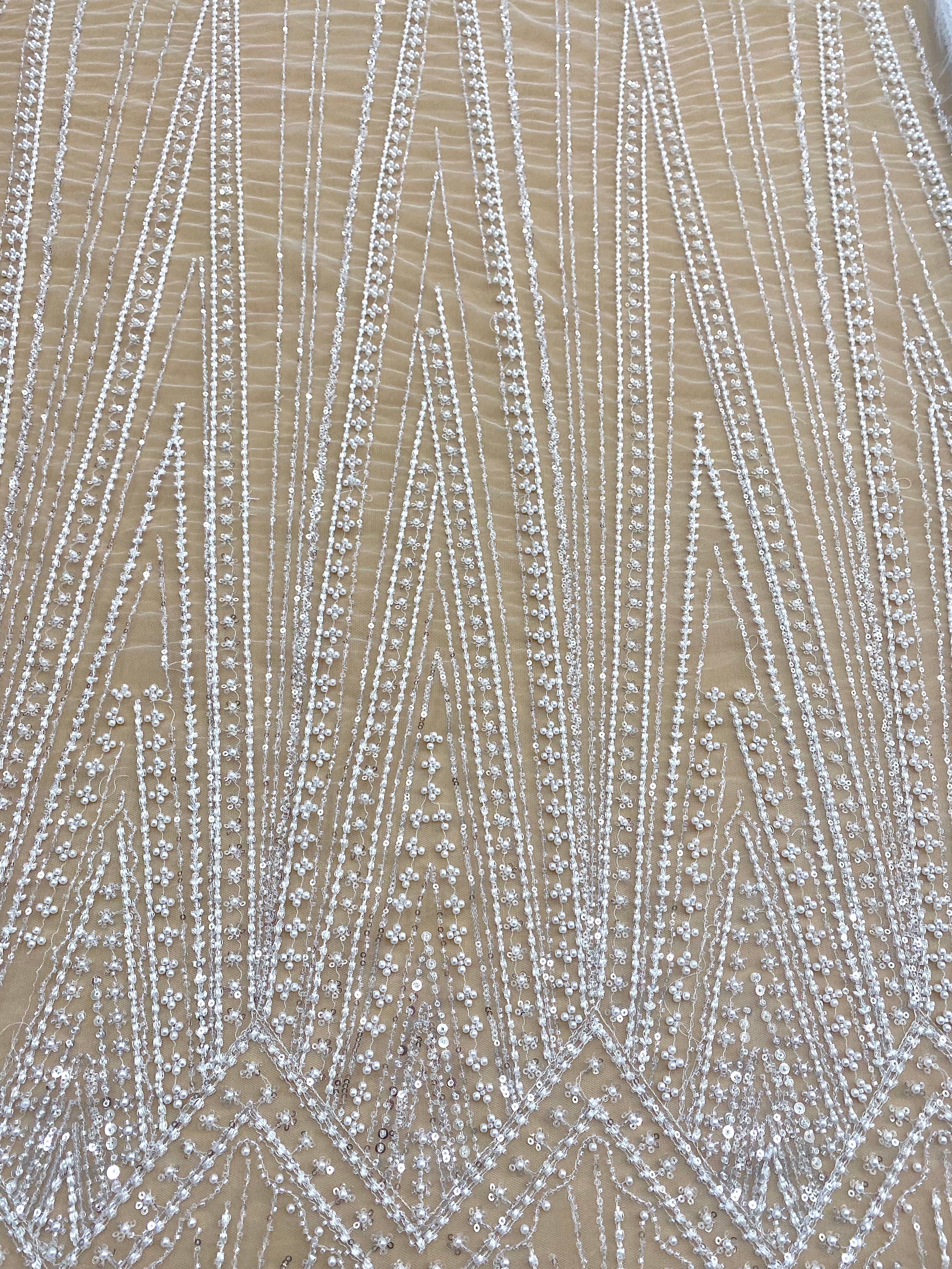 Silver Lace with Linear Pattern, with Pearls and Sequins