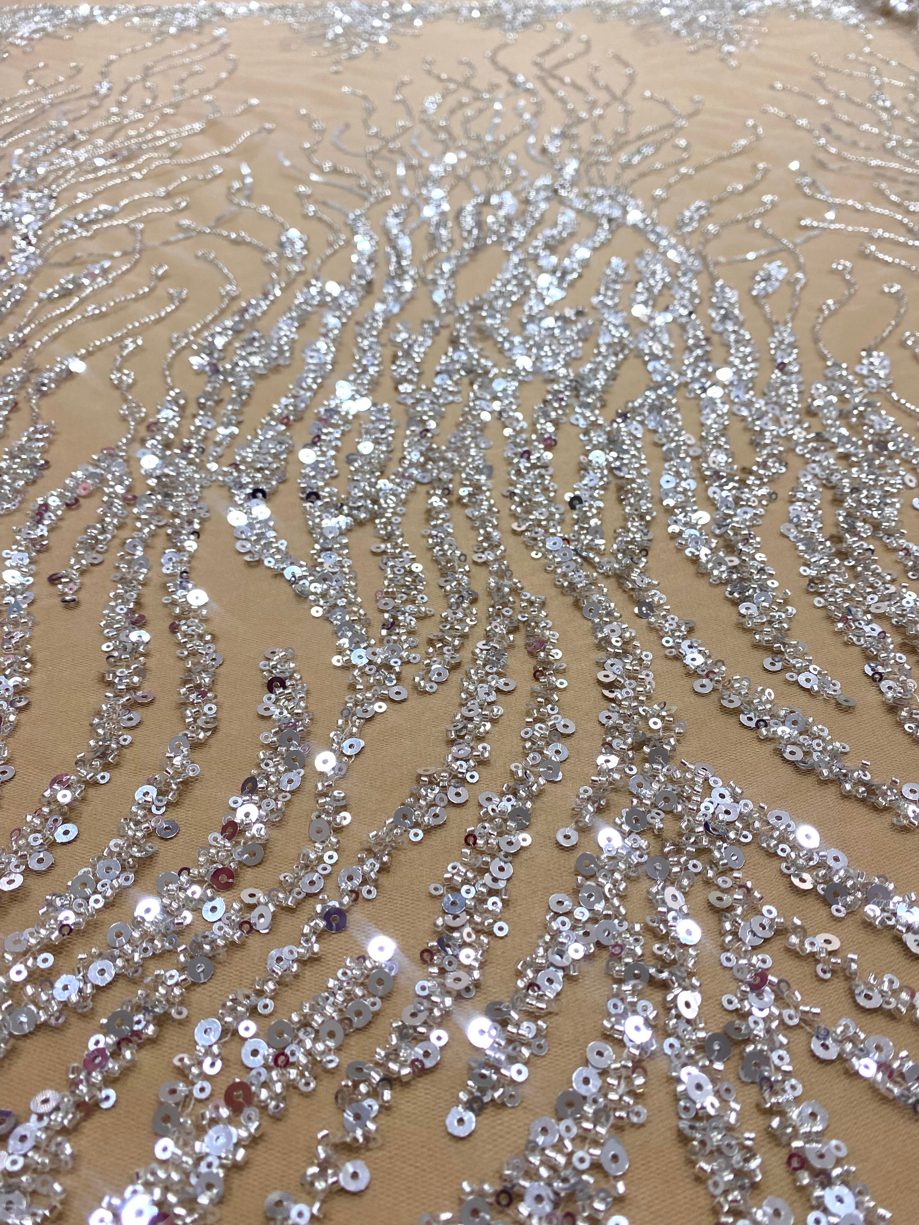 Silver Lace with Linear Pattern, with Pearls and Sequins