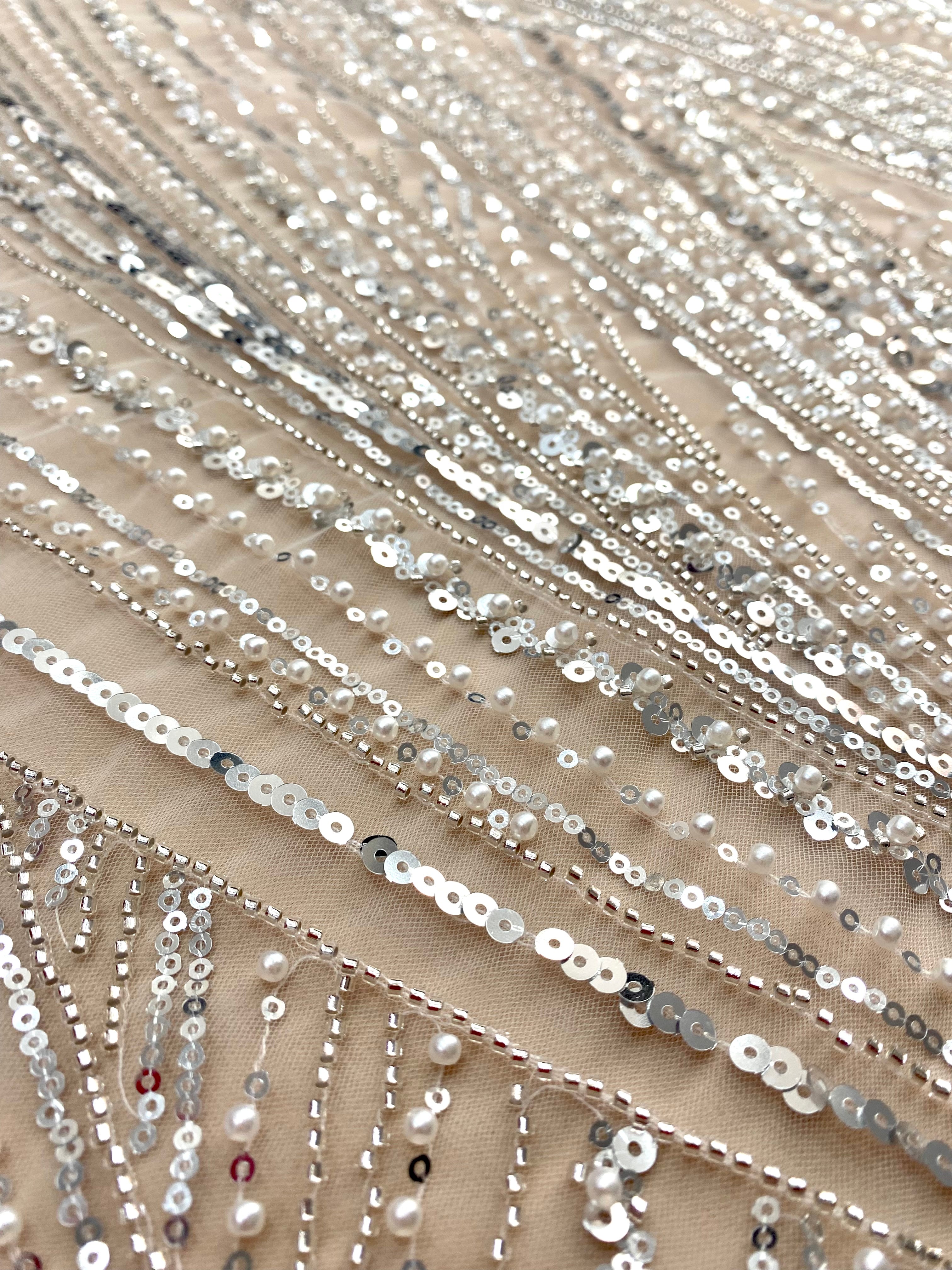 Silver Lace with Geometric Pattern, with Beads and Sequins