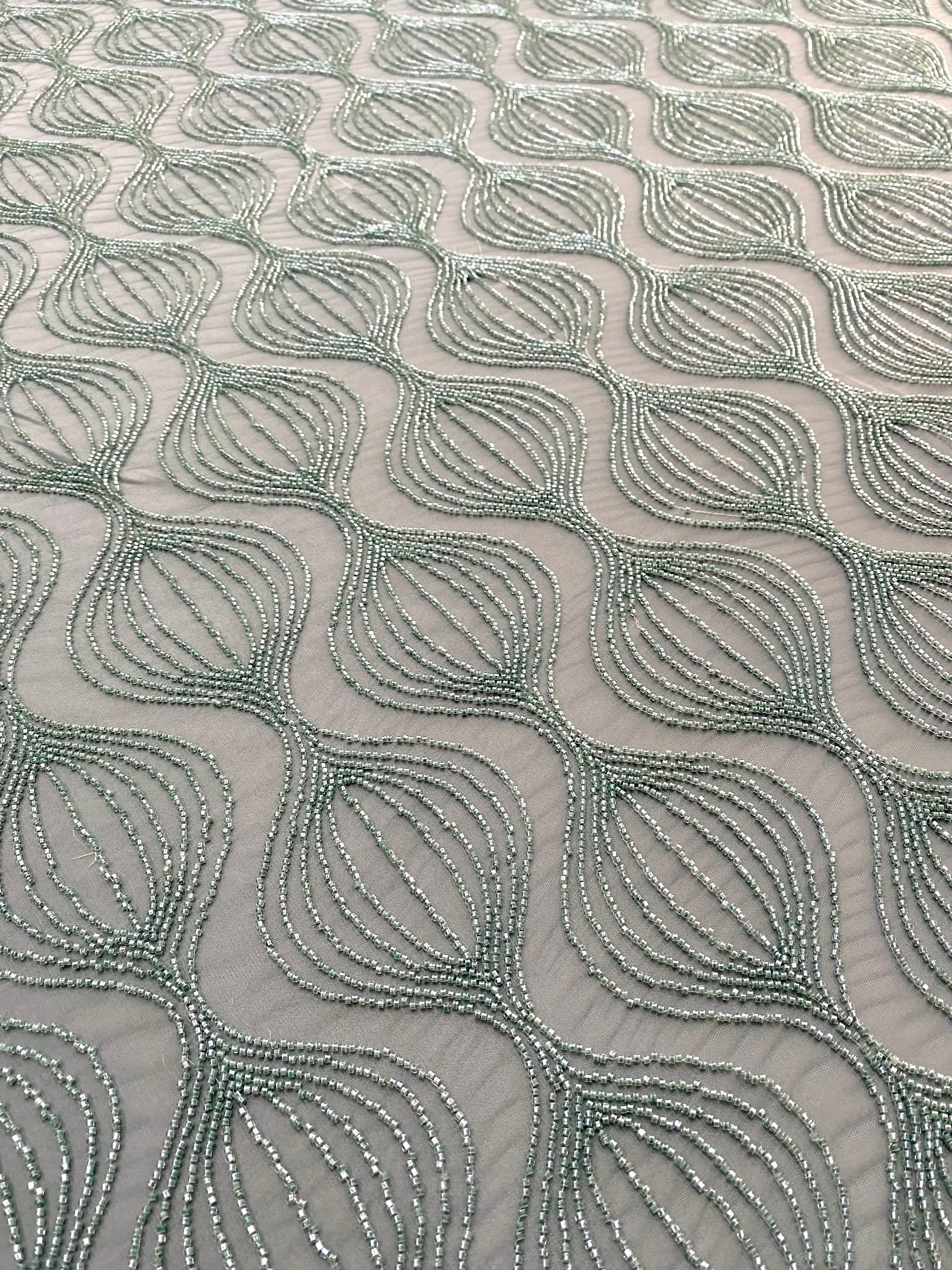 Dantela Couture Verde Ou de Rata cu Model Geometric, cu Margele