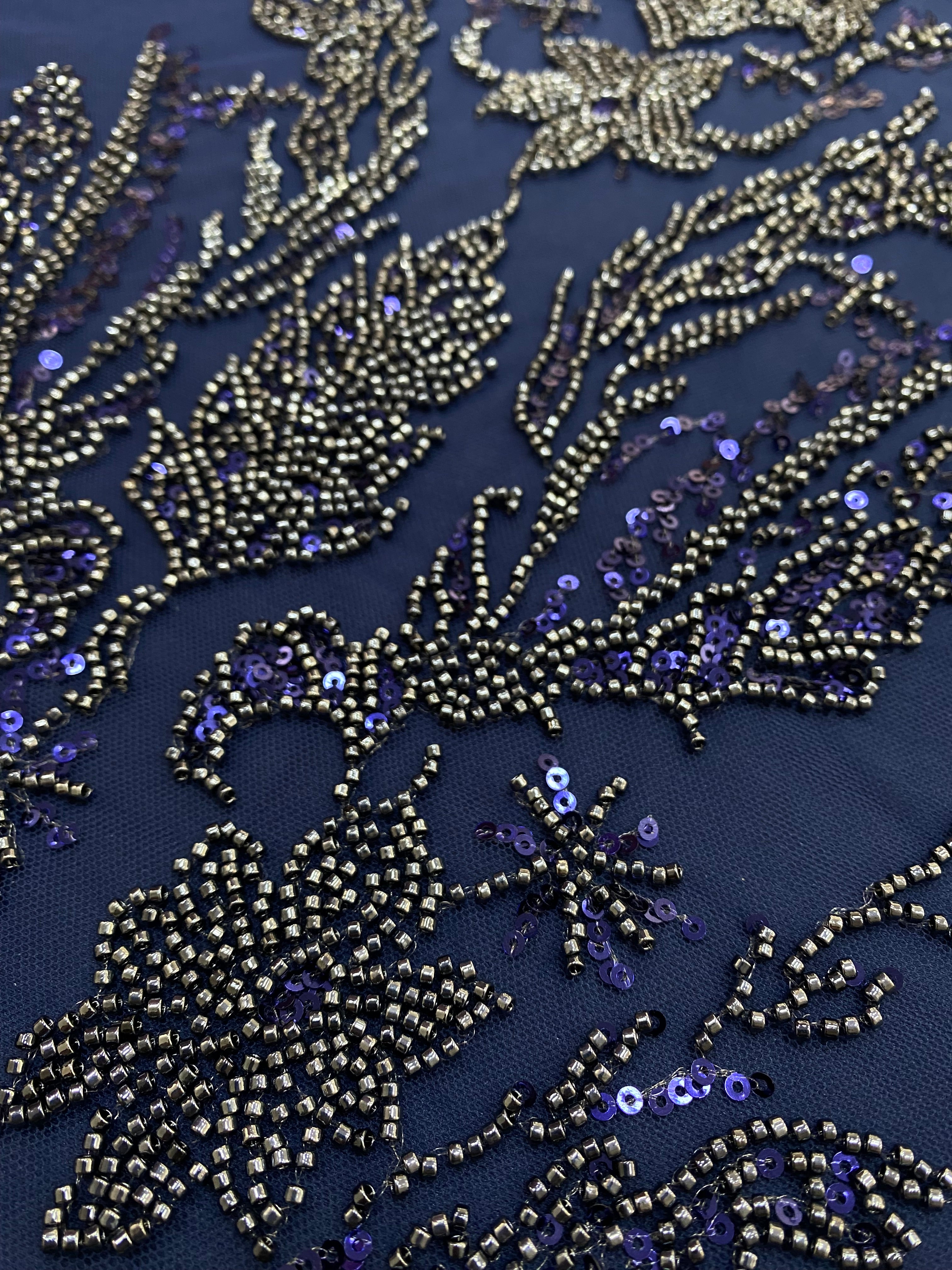 Navy Blue Couture Lace with Floral Pattern, Beads and Sequins