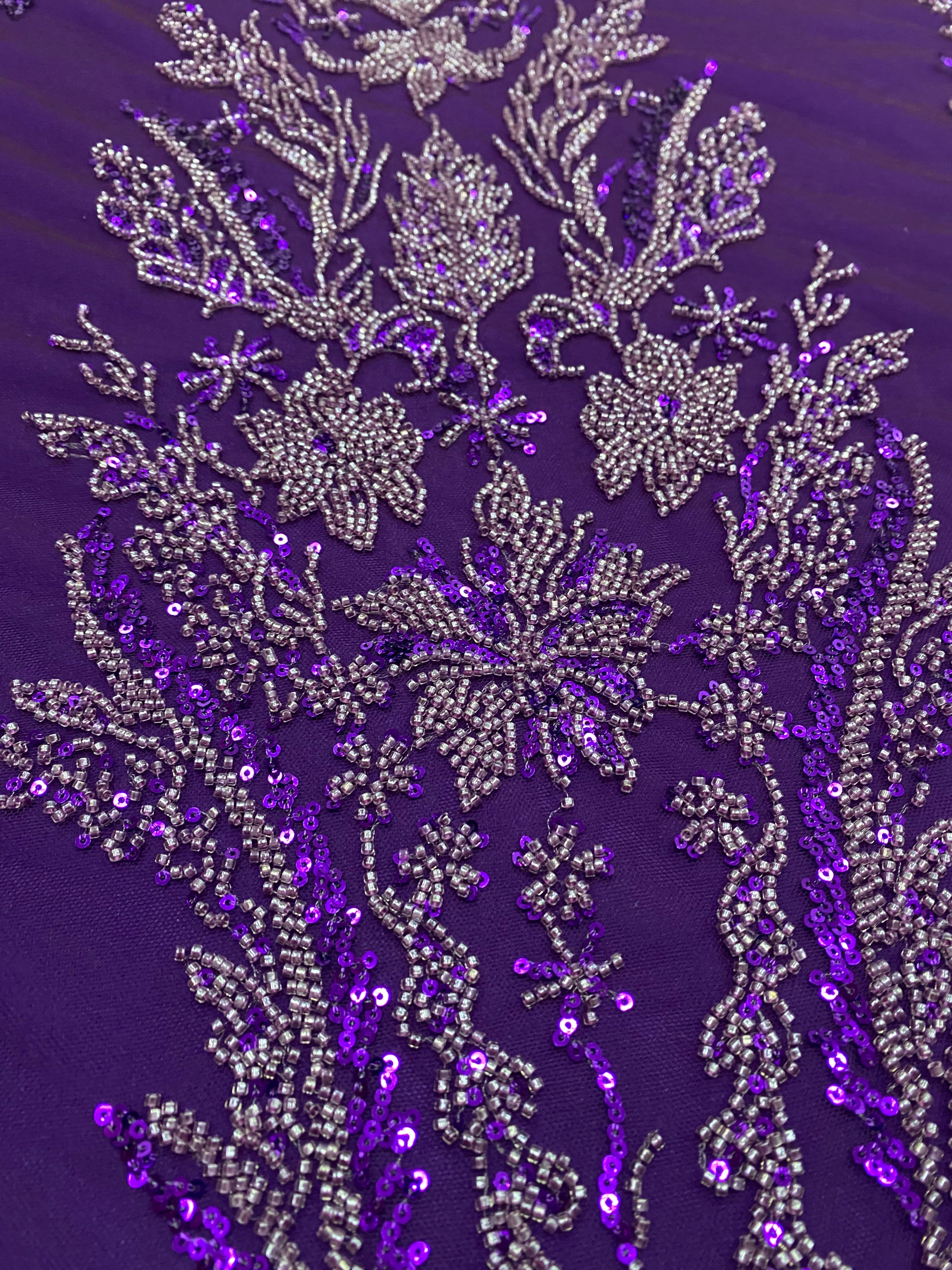 Dantela Couture Mov Inchis cu Model Floral, cu Margele si Paiete