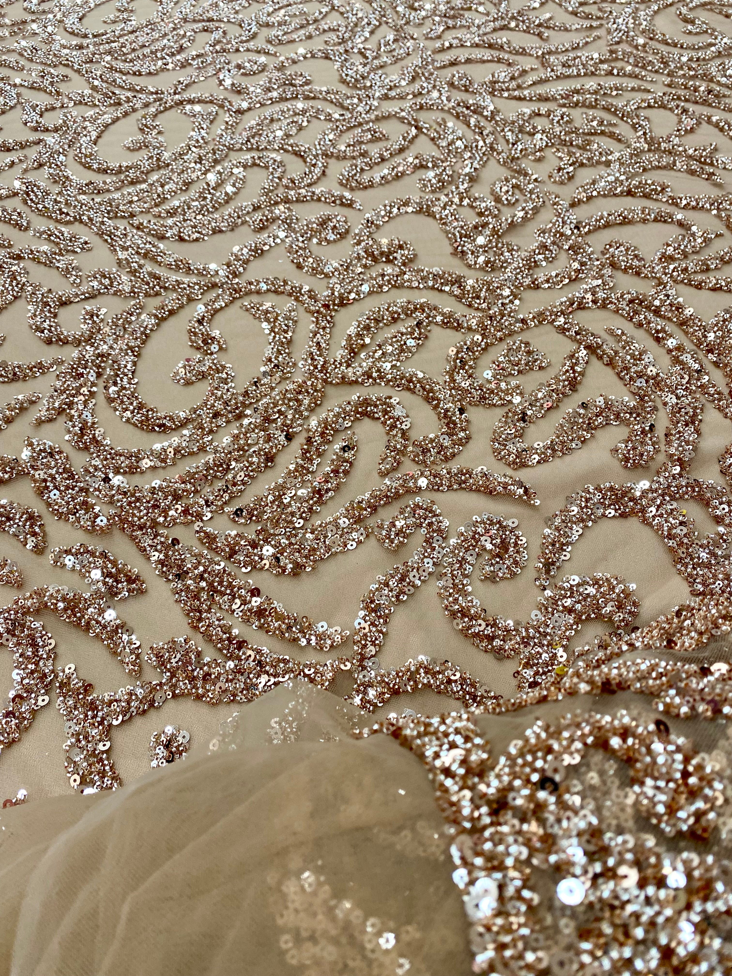 Rose Gold Couture Lace with Geometric Pattern, Beads and Sequins 