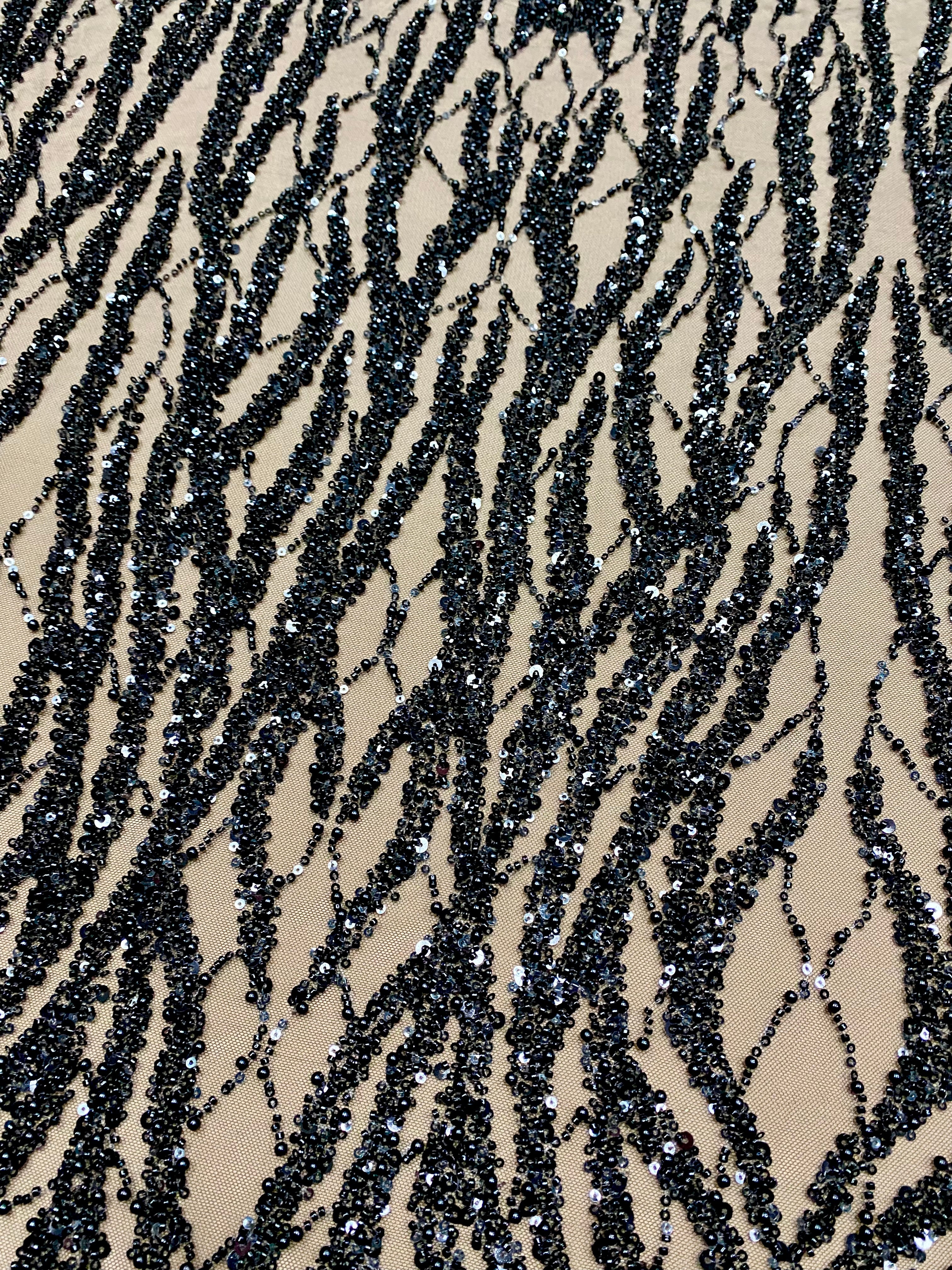 Black Couture Lace with Strings, Pearls, Beads and Sequins