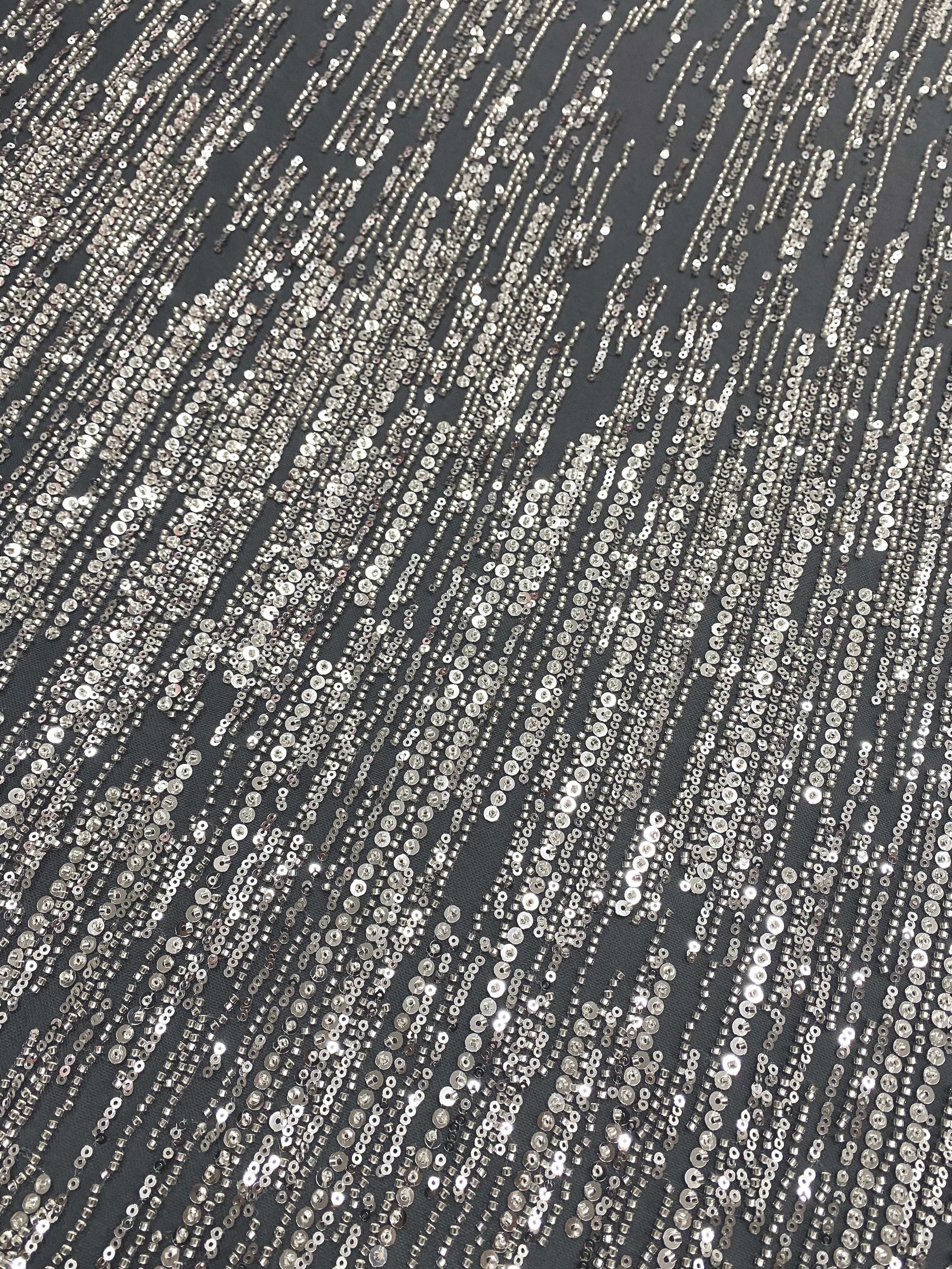 Silver Couture Lace on Anthracite Grey Tulle with Linear Pattern, Beads and Sequins