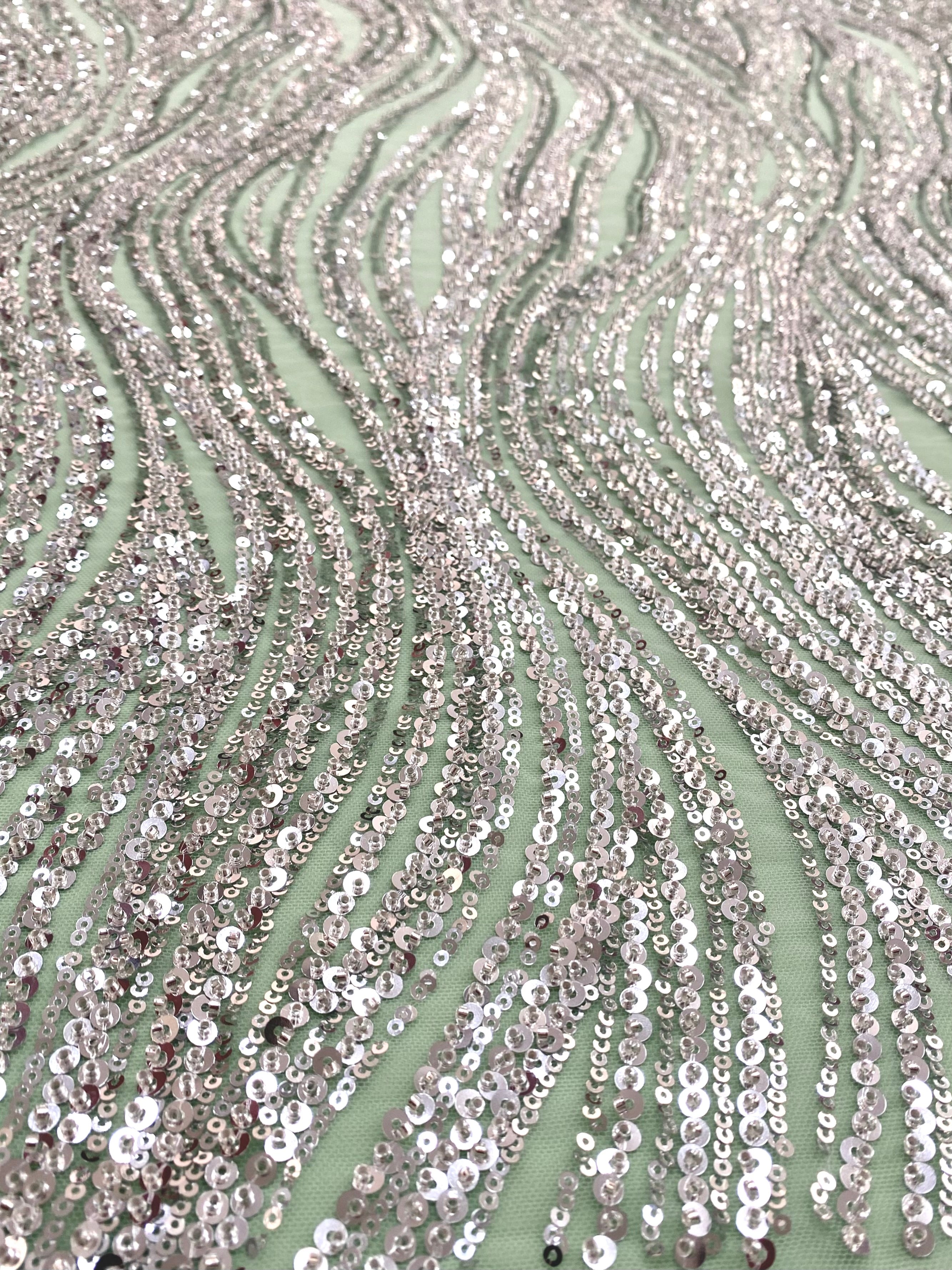 Silver Couture Lace on Mint Green Tulle with Linear Pattern, Beads and Sequins