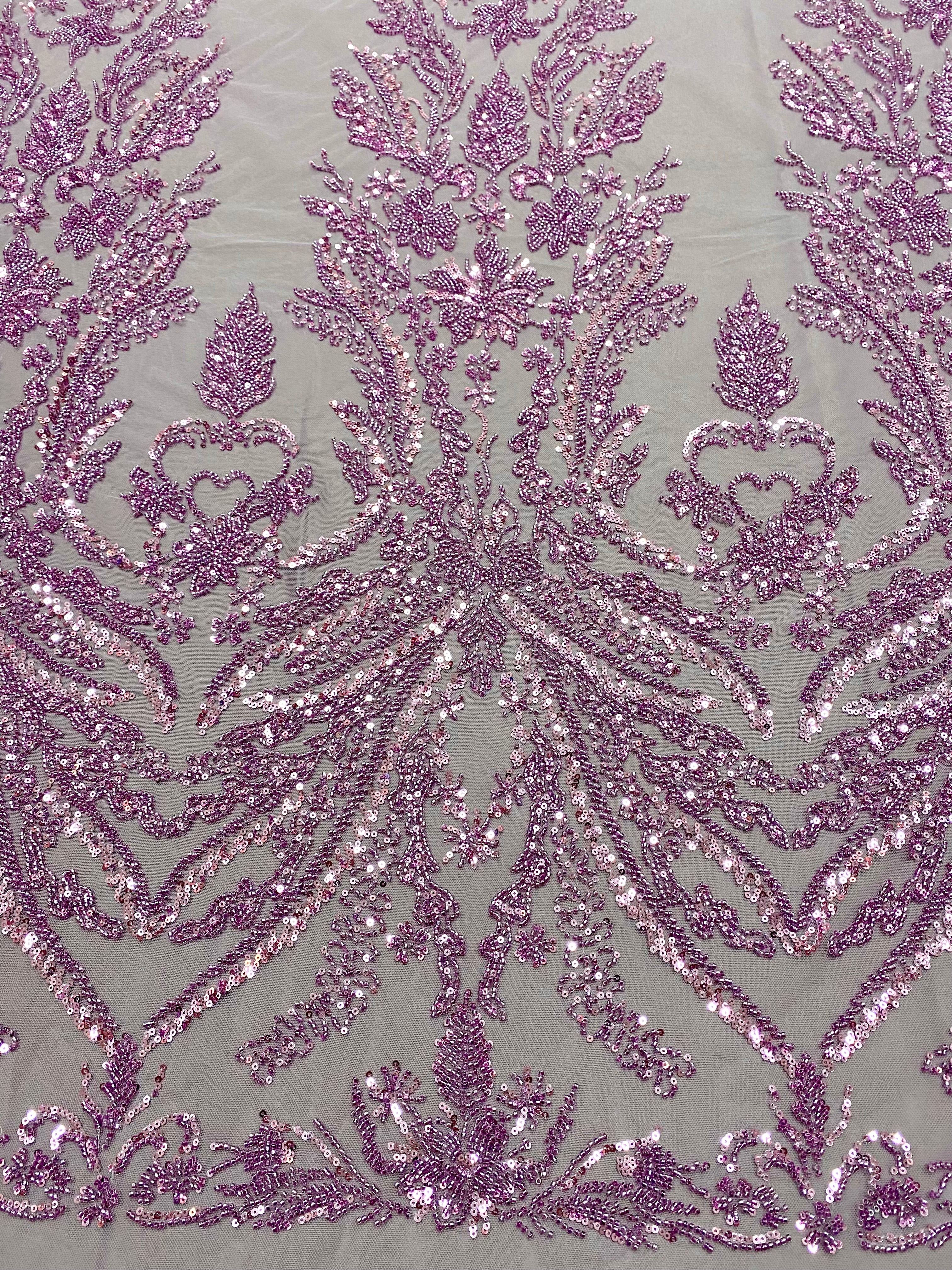 Dantela Couture Lavanda Pudrata cu Model Floral, cu Margele si Paiete