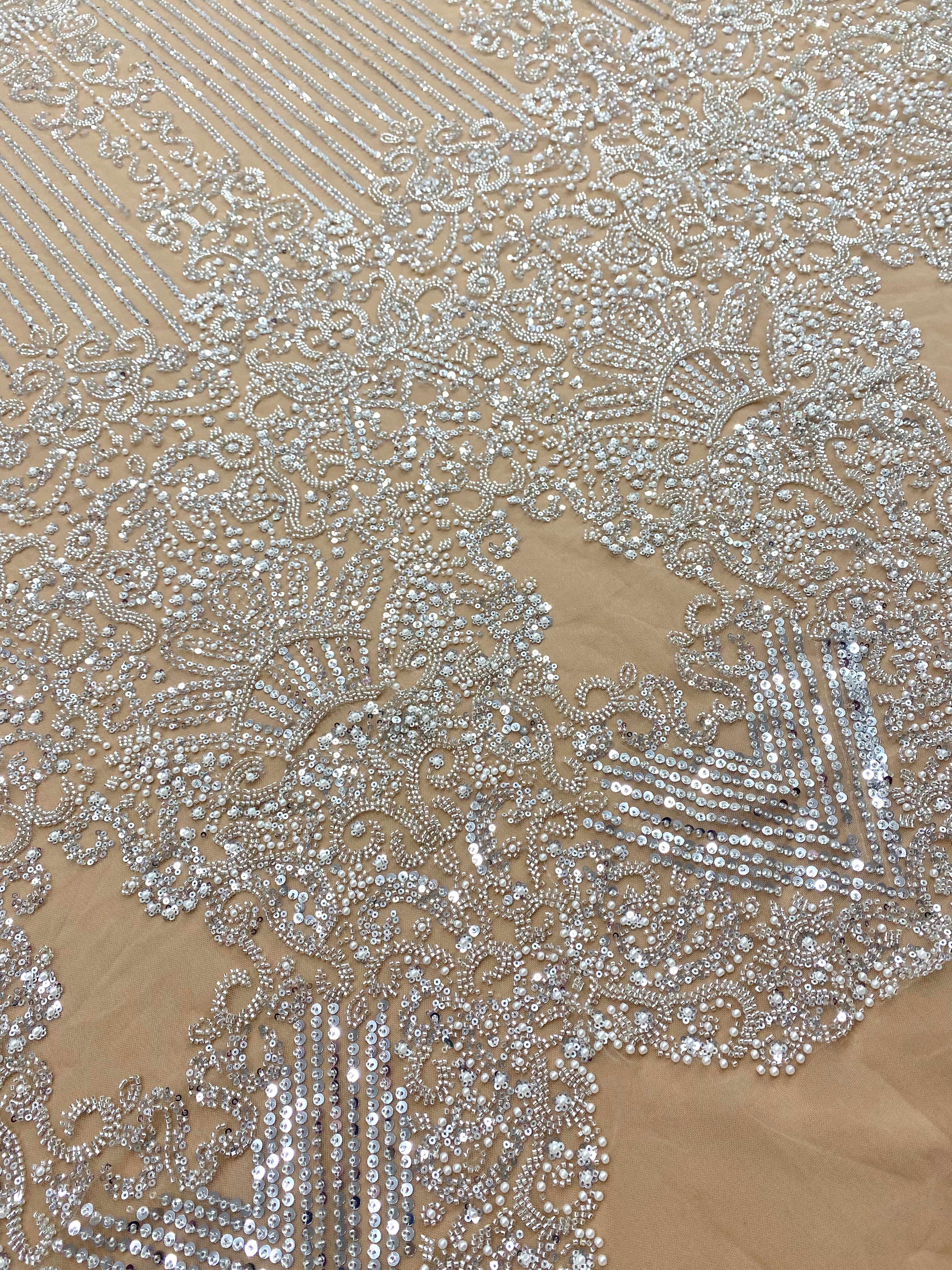 Silver Couture Lace on Nude Tulle with Geometric Pattern, with Pearls, Beads and Sequins