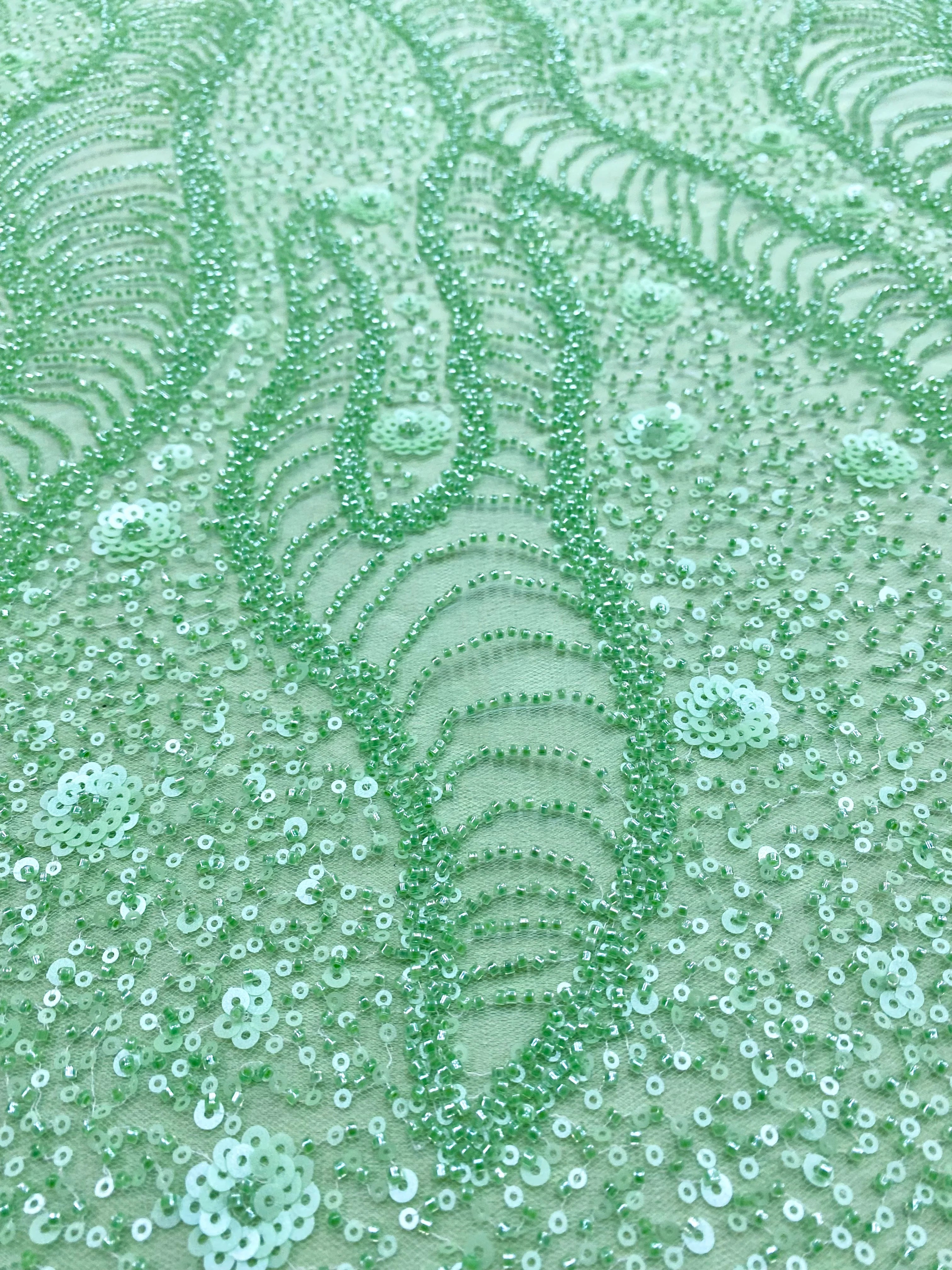 Dantela Couture Verde Menta cu Model Geometric si Flori, cu Margele si Paiete