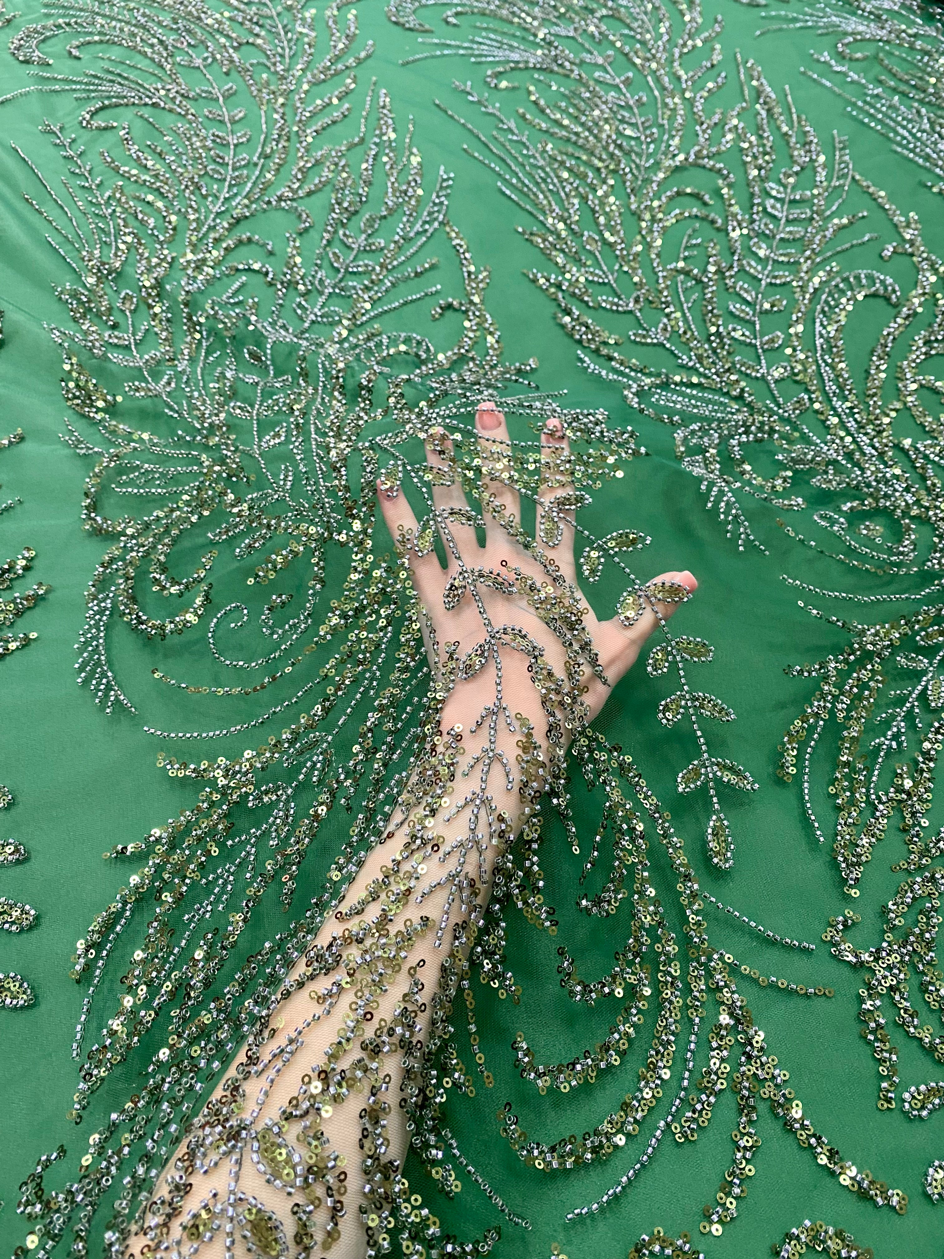 Emerald Green Couture Lace with Floral Pattern, Beads and Sequins