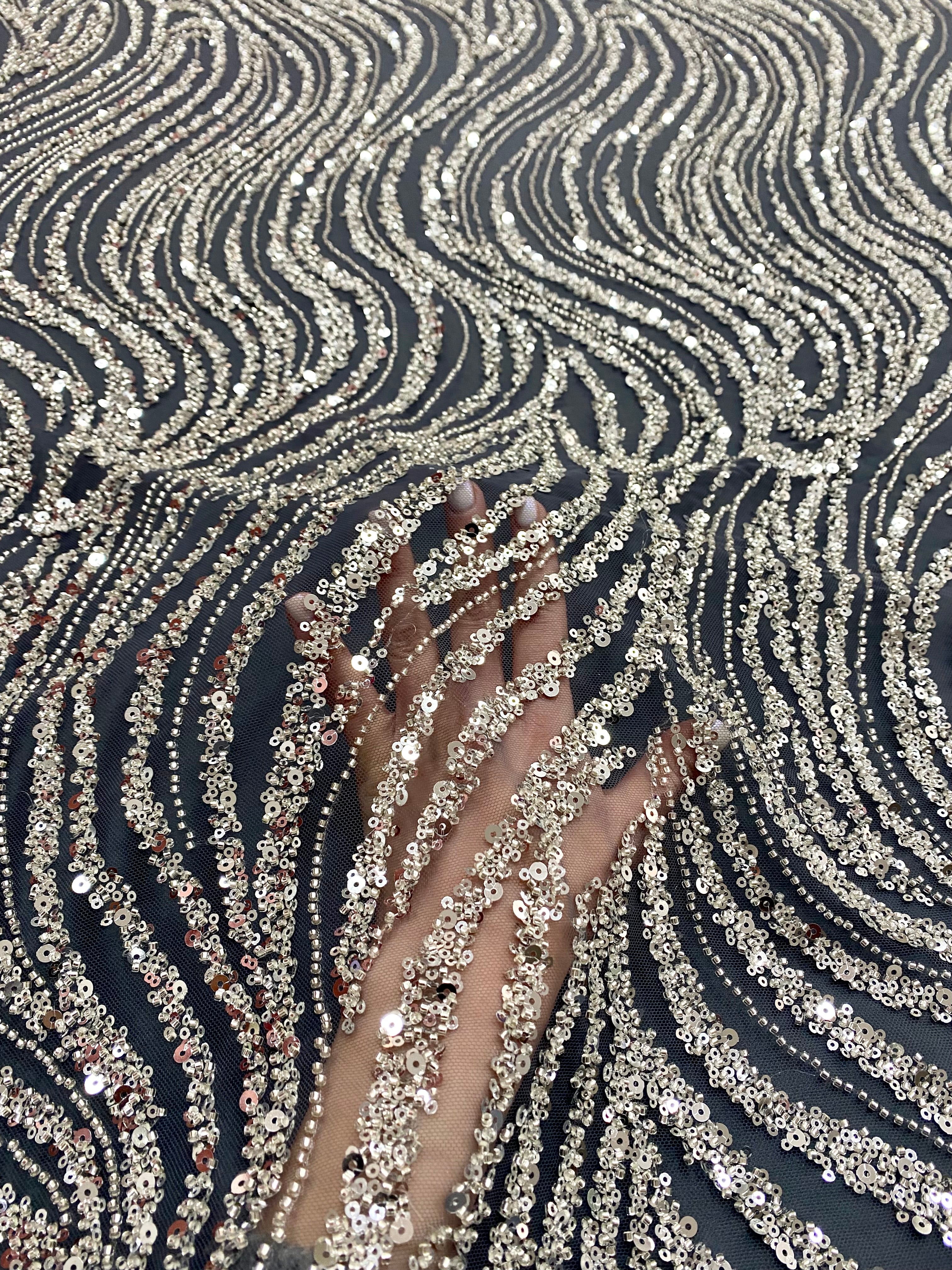 Silver Lace with Linear Pattern, with Pearls and Sequins