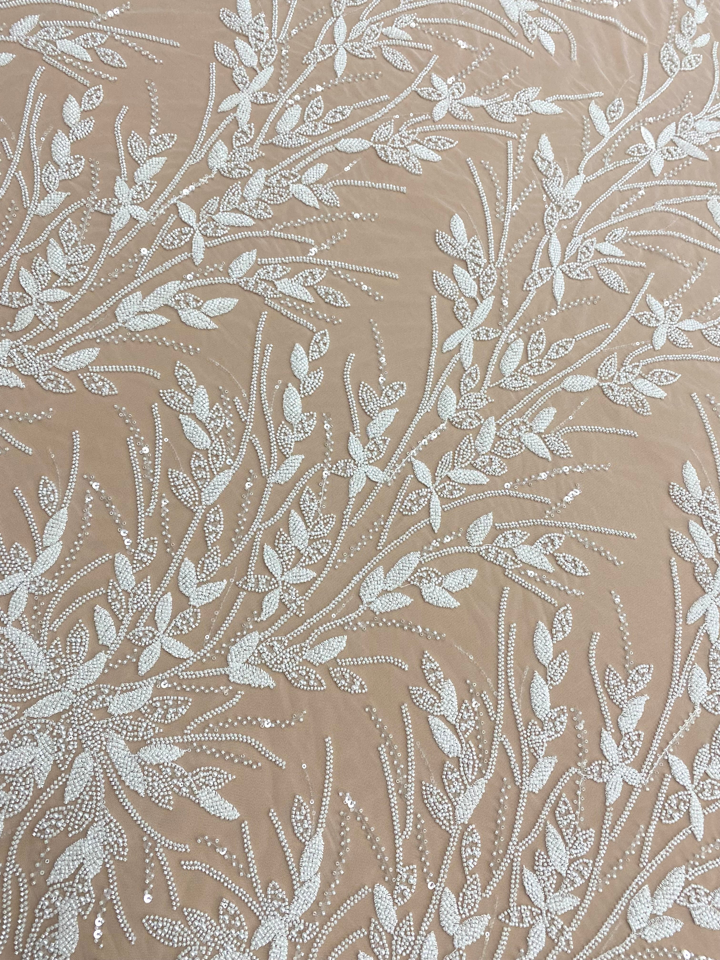 Ivory Couture Lace with Floral Pattern, Pearls, Beads and Sequins