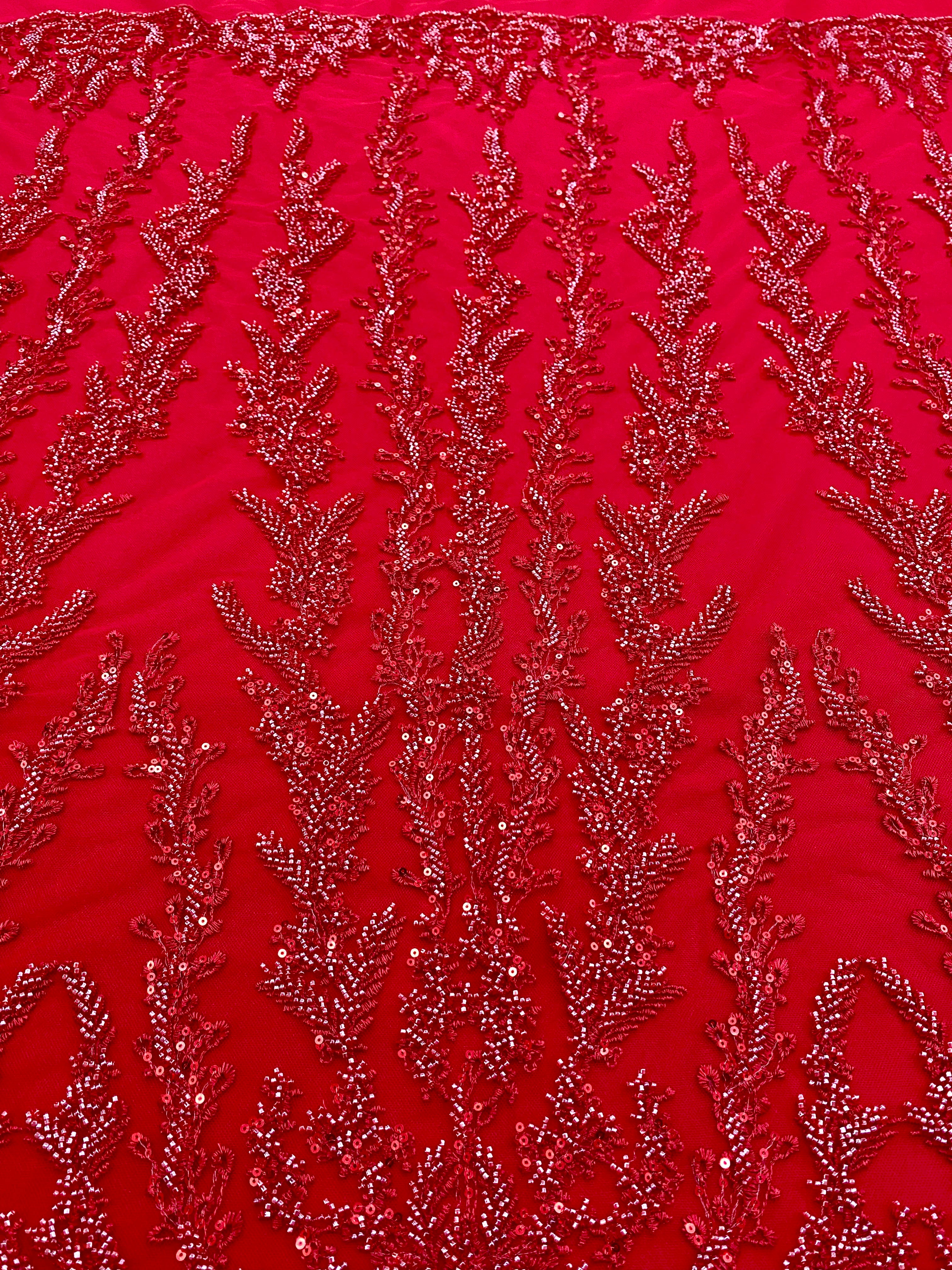 Red Couture Lace with Geometric Pattern, Beads and Sequins